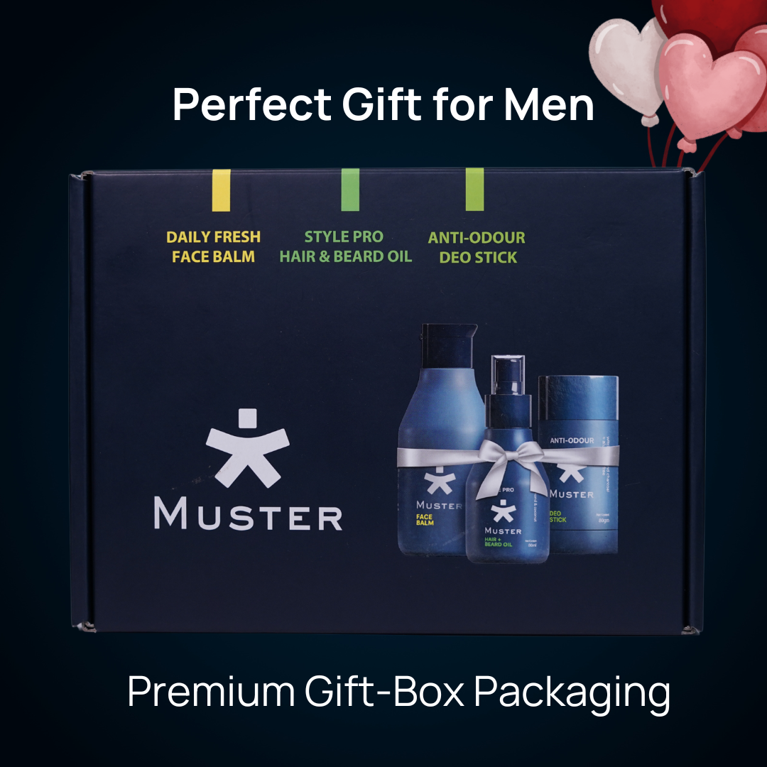 Muster Men Grooming Essentials Gift Box | After Shave Face Balm (100 ml) | Anti-Odour Deo Stick (80 g) | Style Pro Hair & Beard Oil Spray (80 ml) | Premium Grooming Kit for Men | Gift Set for Him