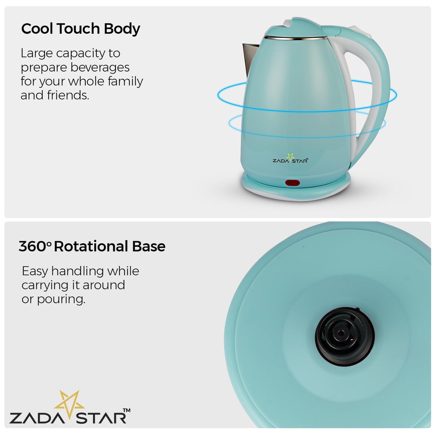 ZADASTAR 1.8L ZS COLOUR COOLTOUCH KETTLE | 1500W | Cool Touch Outer Body | Stainless Steel Inner Body | 1 Year Free Replacement Warranty (Aqua Green)