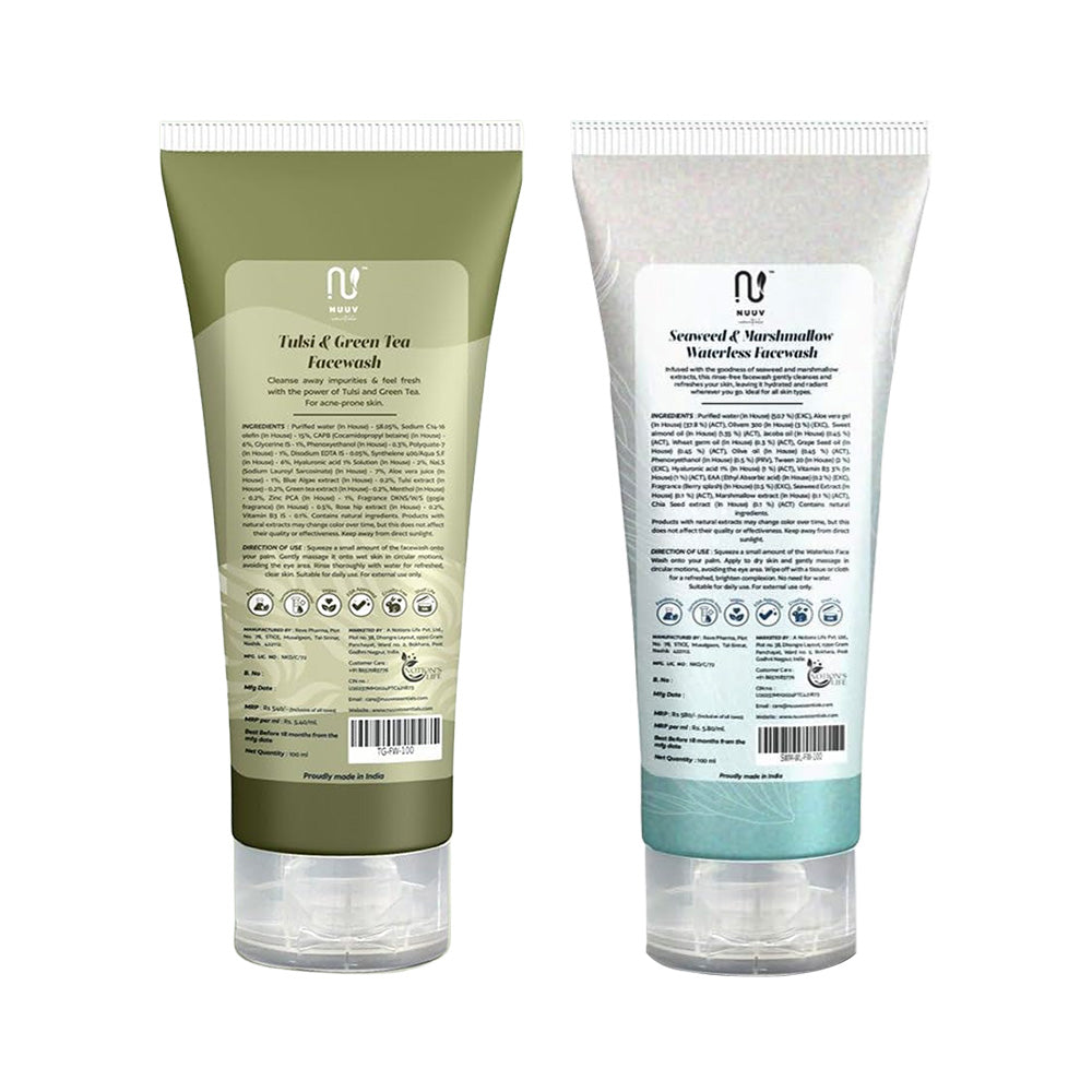 Nuuv Essential Combo - Tulsi & Green Tea Facewash & Waterless Facewash | Daily Glow Duo | Vegan | Paraben-Free | Glow and Hydration | For All Skin Types | 100ml + 100ml