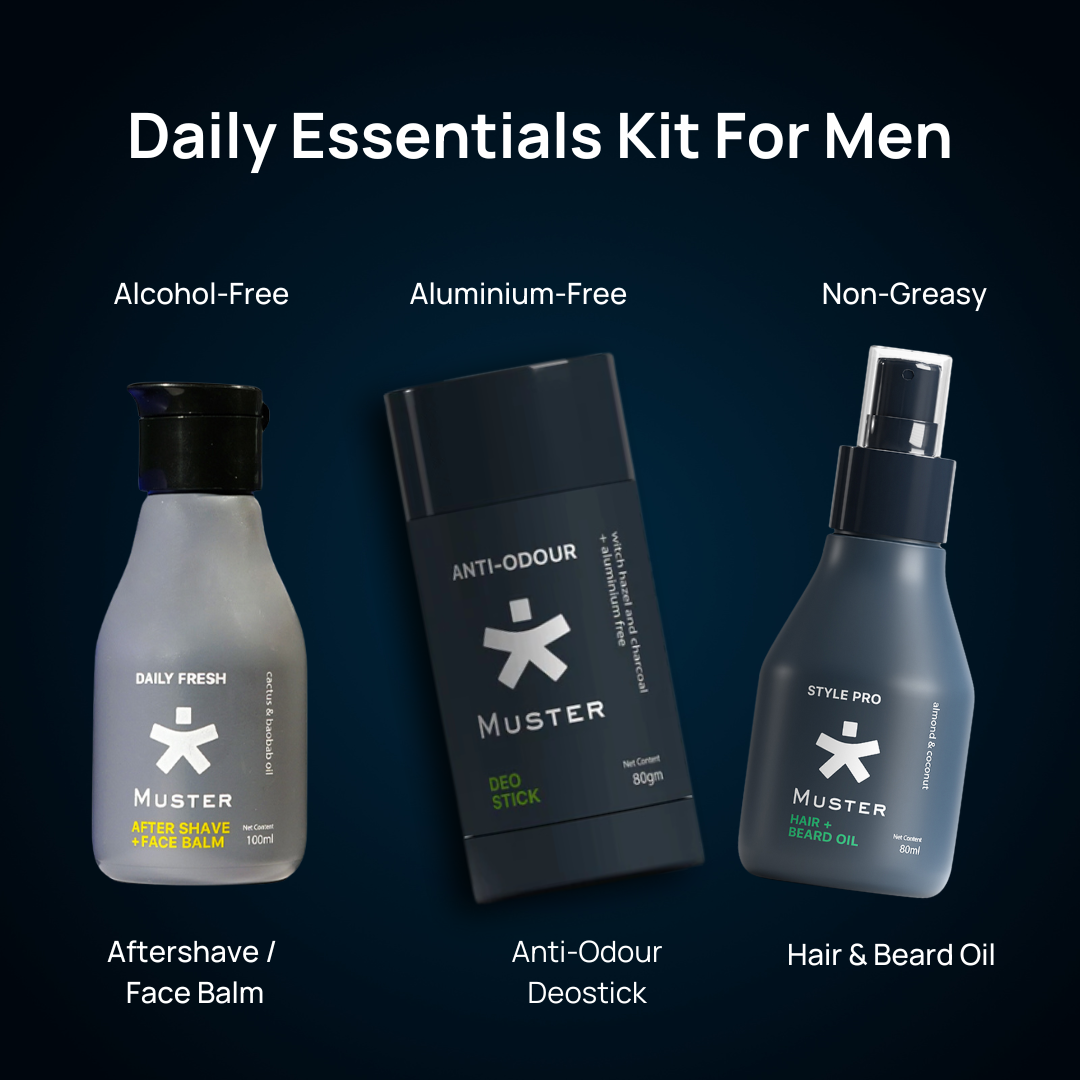 Muster Men Grooming Essentials Gift Box | After Shave Face Balm (100 ml) | Anti-Odour Deo Stick (80 g) | Style Pro Hair & Beard Oil Spray (80 ml) | Premium Grooming Kit for Men | Gift Set for Him