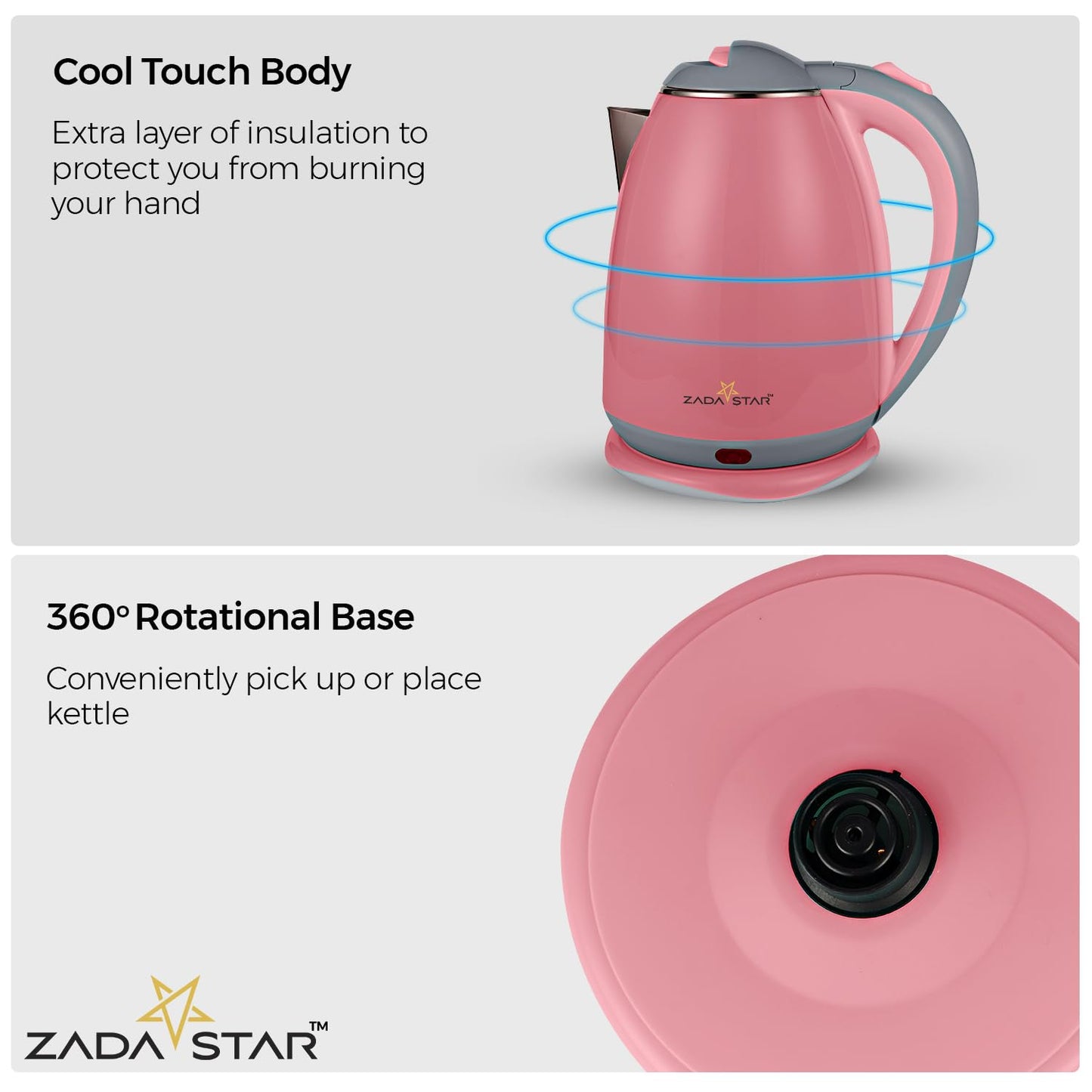 ZADASTAR 1.8L ZS COLOUR COOLTOUCH KETTLE | 1500W | Cool Touch Outer Body | Stainless Steel Inner Body | 1 Year Free Replacement Warranty (Pink)