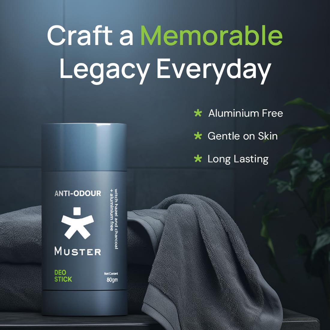 Muster Anti-Odour Deo Stick for Men | Aluminium-Free | Natural Charcoal & Witch Hazel | 80 gm | Long-Lasting Freshness (Pack of 2)
