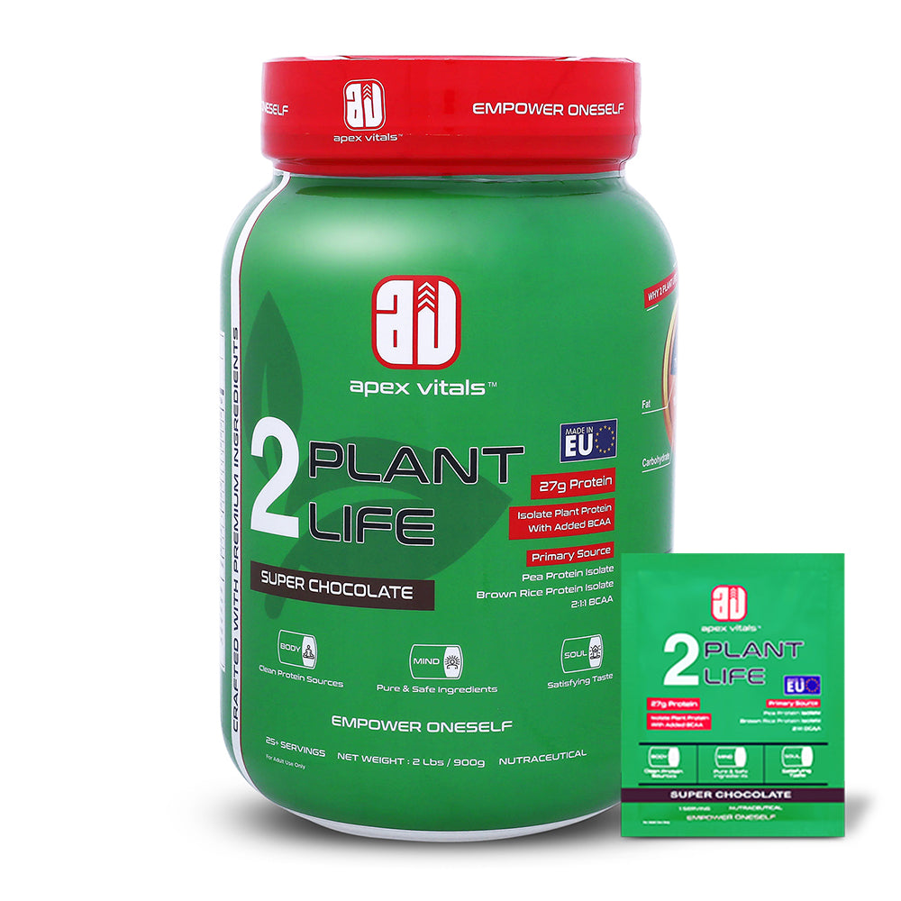 Apex Vitals 2 Plant Life - Natural Vegan Plant Protein Powder | Pea & Brown Rice Isolate|27g Protein, 2000mg BCAA| Easy to Digest |FDA, EFSA & FSSAI Certified |Vegan| Super Chocolate - 2lbs, Shaker, Samples