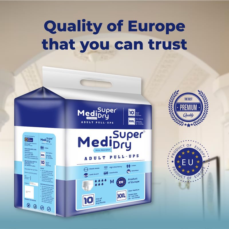 Medisuperdry Adult Diaper Pants | Double Extra Large (2XL) |Waist 152-205 cm (60-80 inches) |High Absorbency -10 Hrs |Leakproof |Breathable |Odourless |Elastic Waist |Men & Women|100 Units, Pack of 10