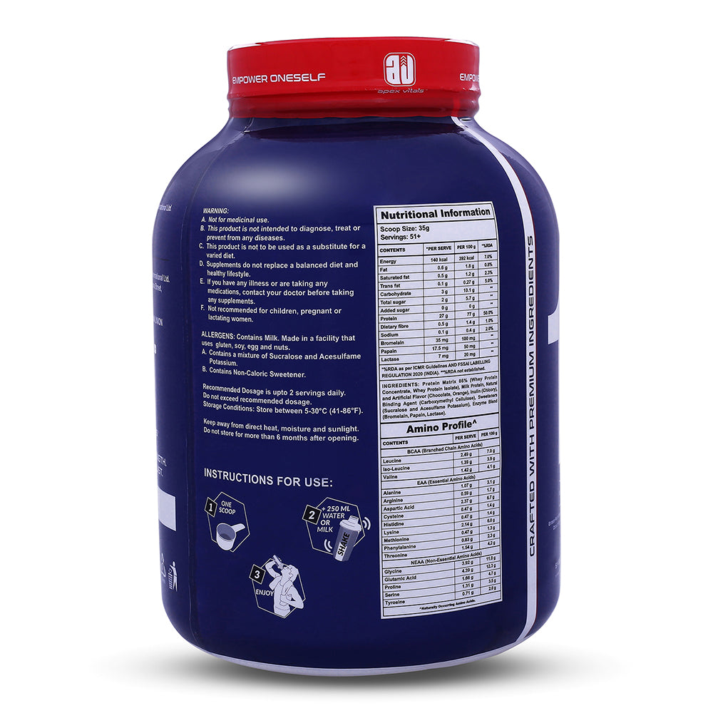 Apex Vitals 1 Whey - Grass-Fed Whey | 27g Protein, 10g EAA + 5g BCAA | Concentrate 80-60%, Isolate 86-40%, Digestive Enzymes | FDA, EFSA & FSSAI Certified|Swiss Triple Chocolate - 4lbs