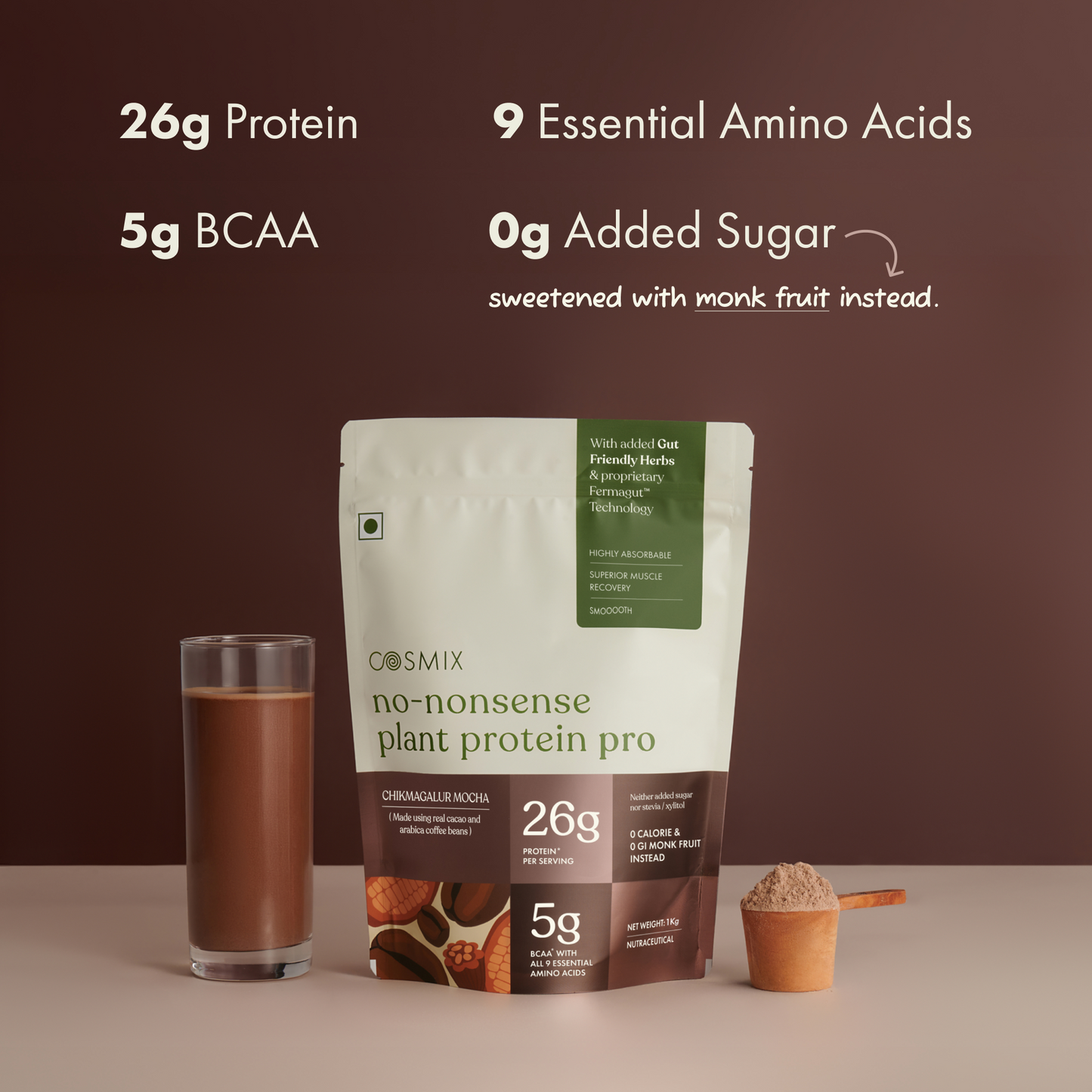 Cosmix No-Nonsense Plant Protein Pro | 26g Protein/Serve | Chikmagalur Mocha | Yeast Powered Plant-Based Protein | PDCAAS of 1 | Light On Gut, Superior Muscle Recovery - 1kg