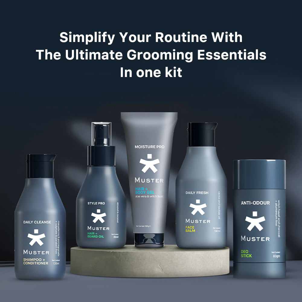 Muster Men Complete Grooming Set | Aloe Vera Hair & Body Gel | Deep Cleanse Shampoo & Conditioner | Anti-Odour Deo Stick | Daily Fresh Face Balm | Style Pro Hair & Beard Oil | Grooming Set for Men