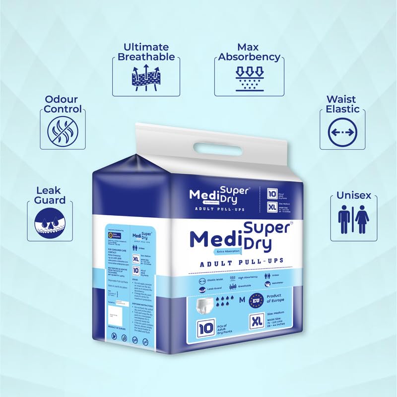 Medisuperdry Adult Diaper Pants | Extra Large (XL) |Waist 147-172 cm (58-68 inches) |High Absorbency -10 Hrs |Leakproof |Breathable |Odourless |Elastic Waist |For Men & Women | 20 Units, Pack of 2