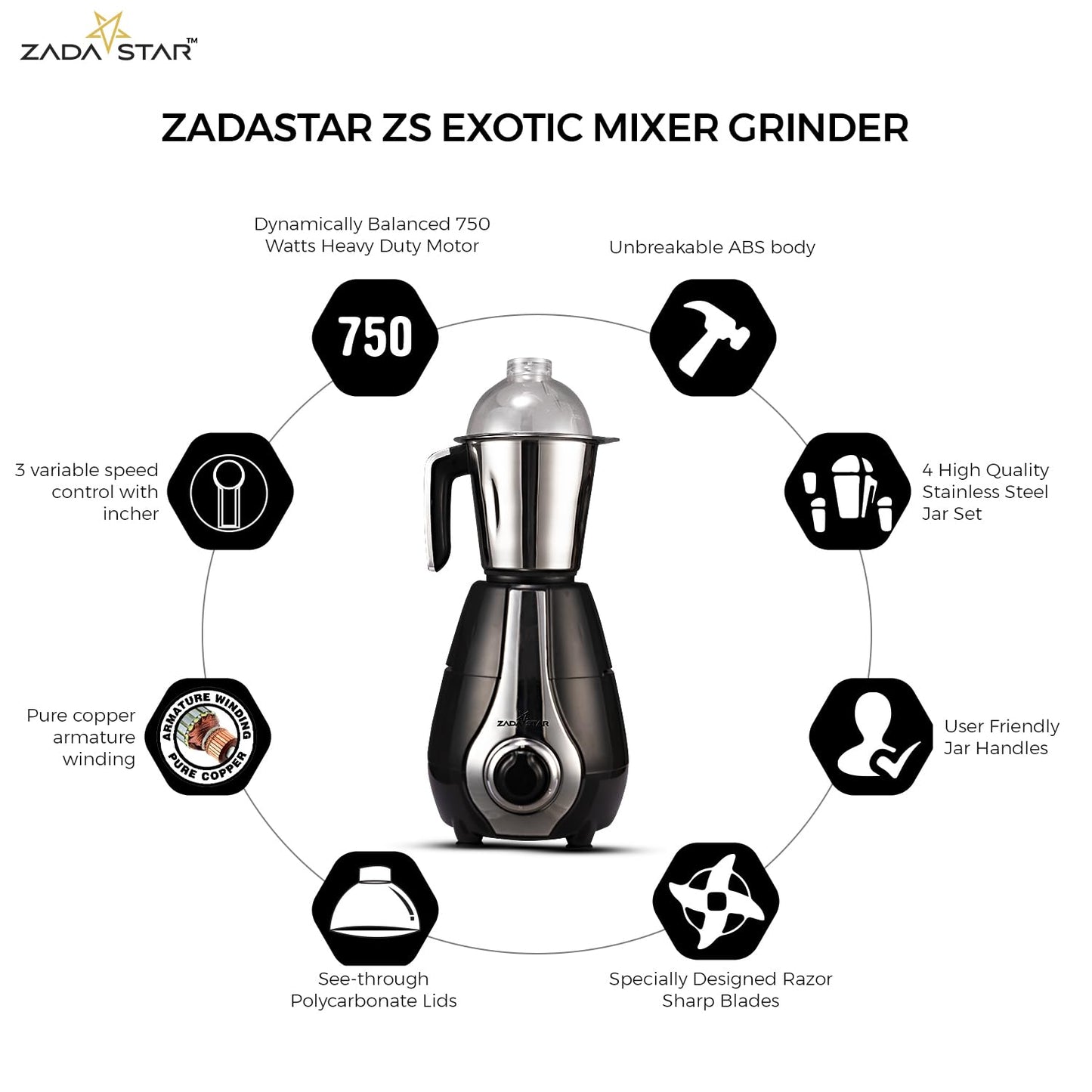 ZADASTAR ZS EXOTIC 750W Juicer Mixer Grinder | 4 Jars | Black and Silver | Overload Protection | 1 Year Replacement Warranty