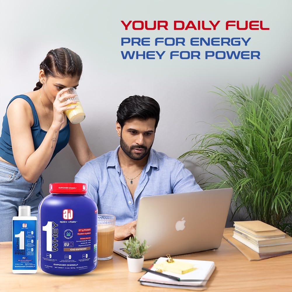 Apex Vitals - 1 Whey Protein Blend 4 lbs + Alpha 1 Pre-Workout Combo | Grass-Fed Protein Powder | Mohai Ignes Mineral Water | Muscle Strength & Recovery | Iced Espresso (4lbs)