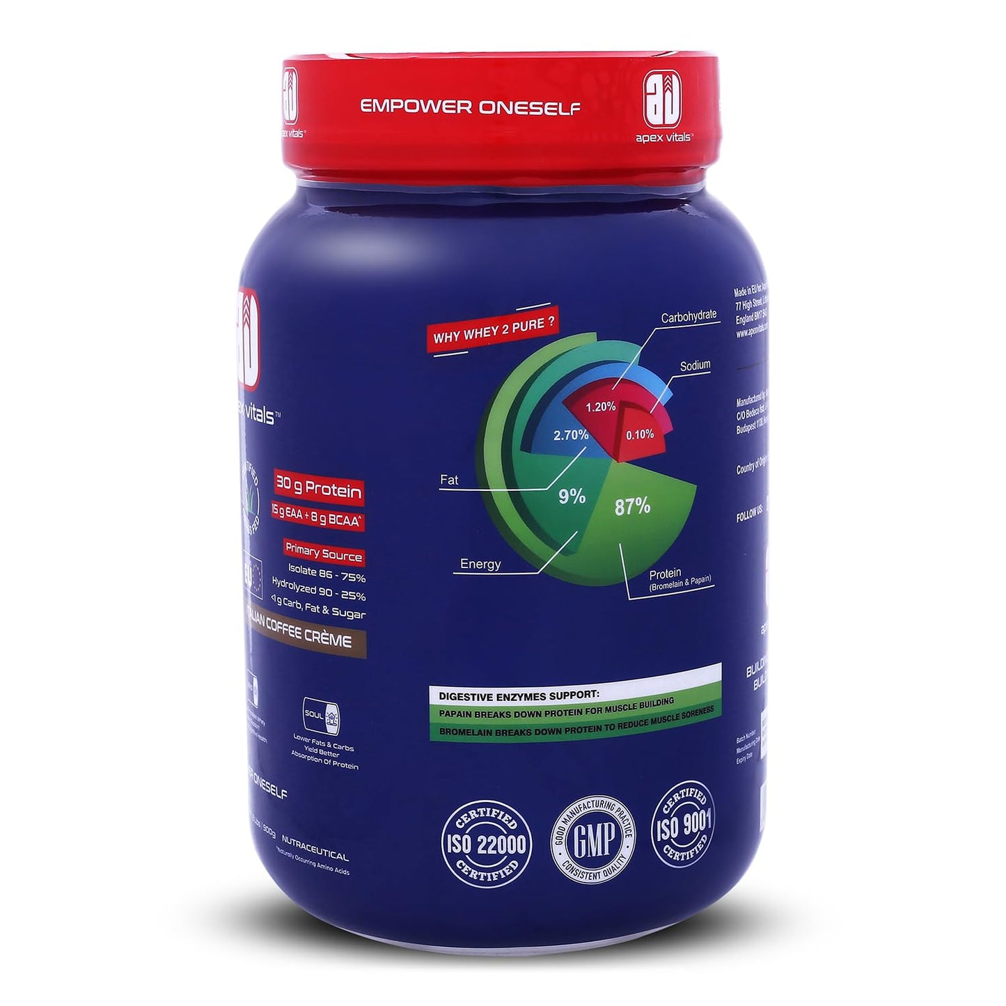 Apex Vitals Whey 2 Pure | Grass-fed Whey made in EU | Whey Isolate & Hydrolyzed | 30g protein, 15g EAA+8g BCAA | Digestive Enzymes | Muscle Build & Recovery | 900gm (2lbs)- 25+ Ser | Chocolate Hazelnut