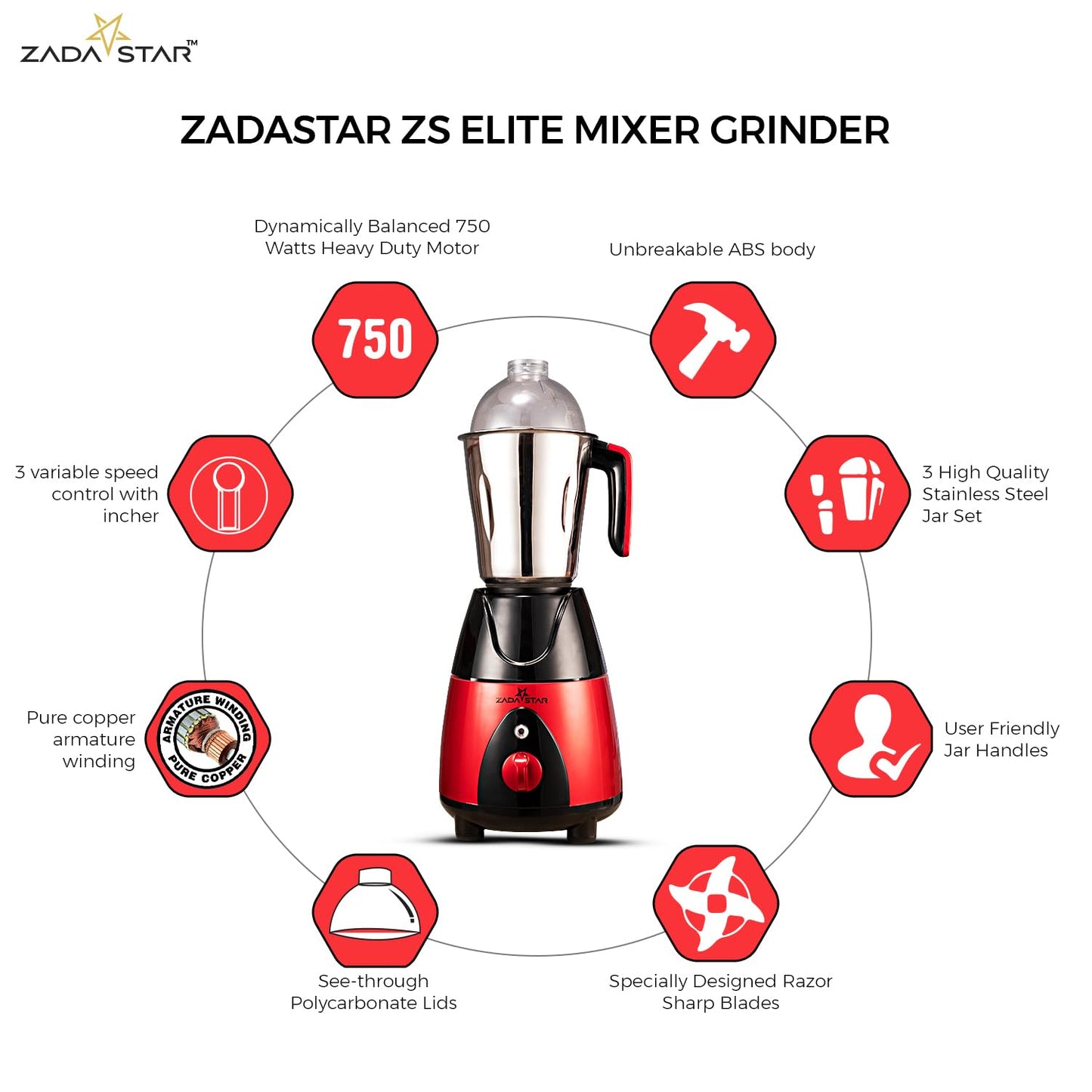 ZADASTAR ZS ELITE 750W Mixer Grinder | 3 Jars | Red and Black | Overload Protection | 1 Year Replacement Warranty