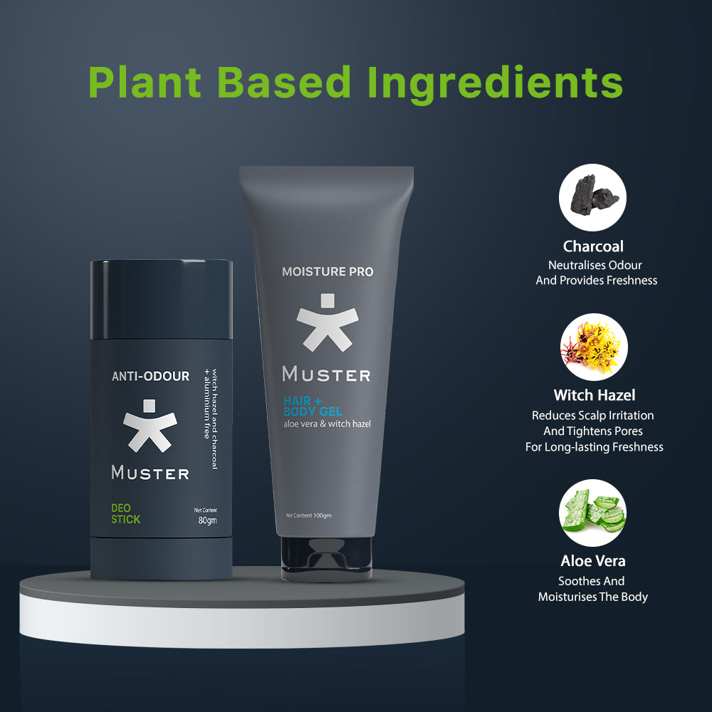 Muster Men Combo - Deo Stick & Hair & Body Gel | Aluminum-Free Deo Stick | Anti-Odour Formula | All-Day Freshness | Aloe Vera Hair & Body Gel | Gentle Care for Hair & Body | Men Grooming Essentials