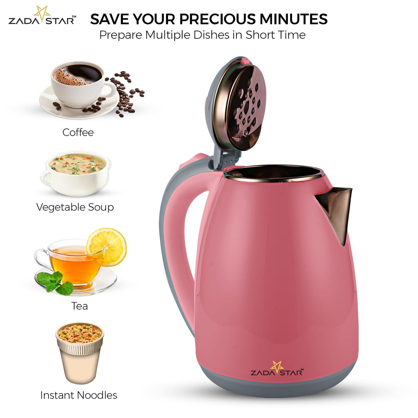 ZADASTAR 1.8L ZS COLOUR COOLTOUCH KETTLE | 1500W | Cool Touch Outer Body | Stainless Steel Inner Body | 1 Year Free Replacement Warranty (Pink)