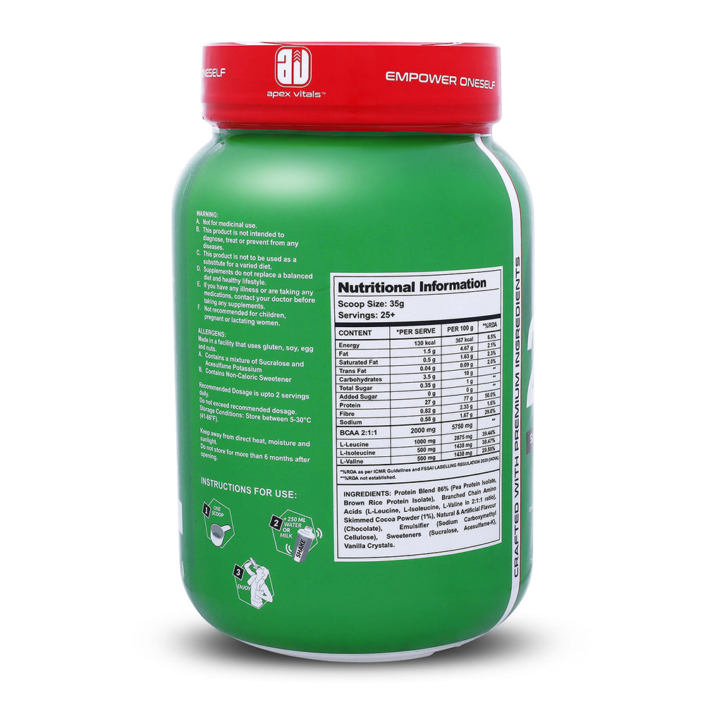 Apex Vitals 2 Plant Life - Natural Vegan Plant Protein Powder | Pea & Brown Rice Isolate|27g Protein, 2000mg BCAA| Easy to Digest |FDA, EFSA & FSSAI Certified |Vegan| Super Chocolate - 2lbs, Shaker, Samples