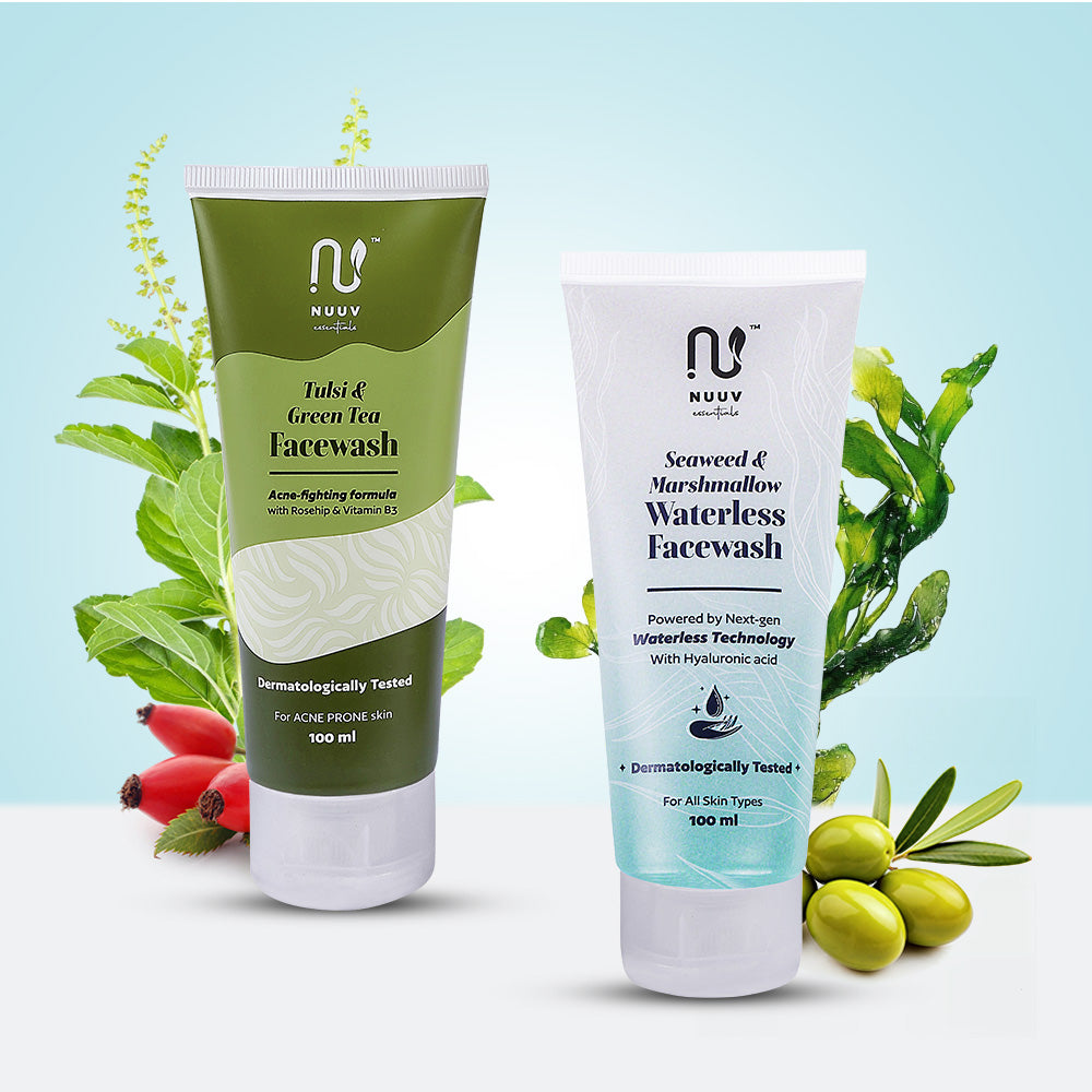 Nuuv Essential Combo - Tulsi & Green Tea Facewash & Waterless Facewash | Daily Glow Duo | Vegan | Paraben-Free | Glow and Hydration | For All Skin Types | 100ml + 100ml
