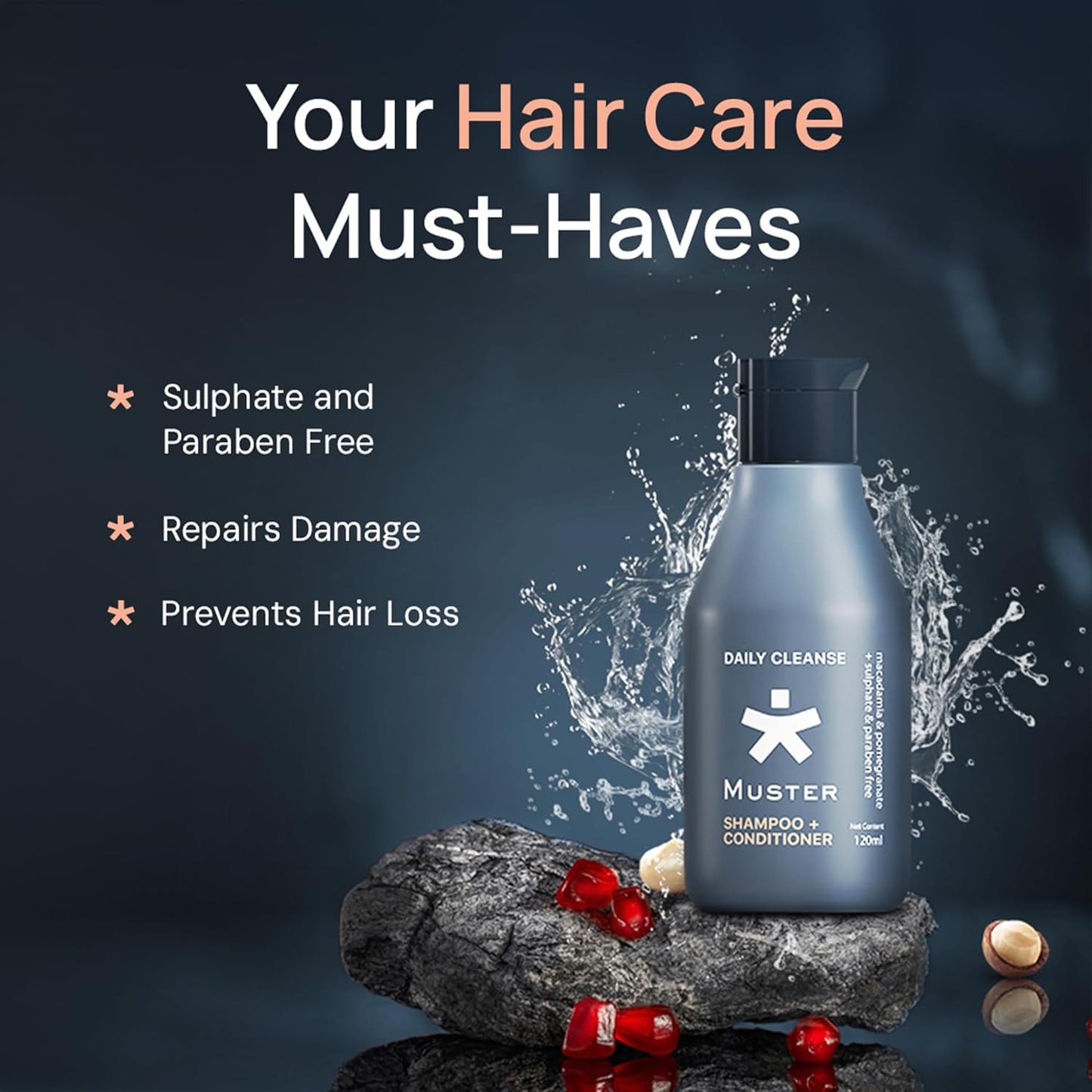 Muster Deep Cleanse Shampoo & Conditioner for Men | 120 ML | Sulphate & Paraben Free | Macadamia and Pomegranate Extracts | 2-in-1 Shampoo+Conditioner | UV Protection | Hair Growth