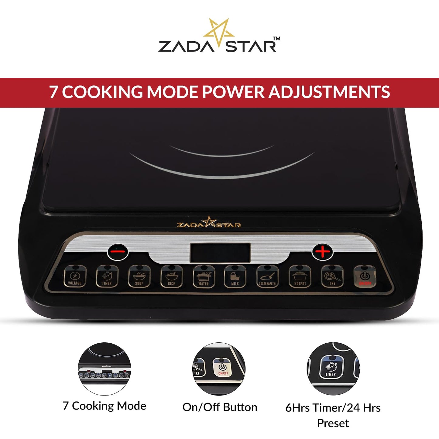 ZADASTAR ZS ELITE 2000 Watts Induction Cooktop | Soft Push Button Control | 7 Cooking Functions | Built-in Timer | Auto Shut-off Safety Feature | BIS Certified