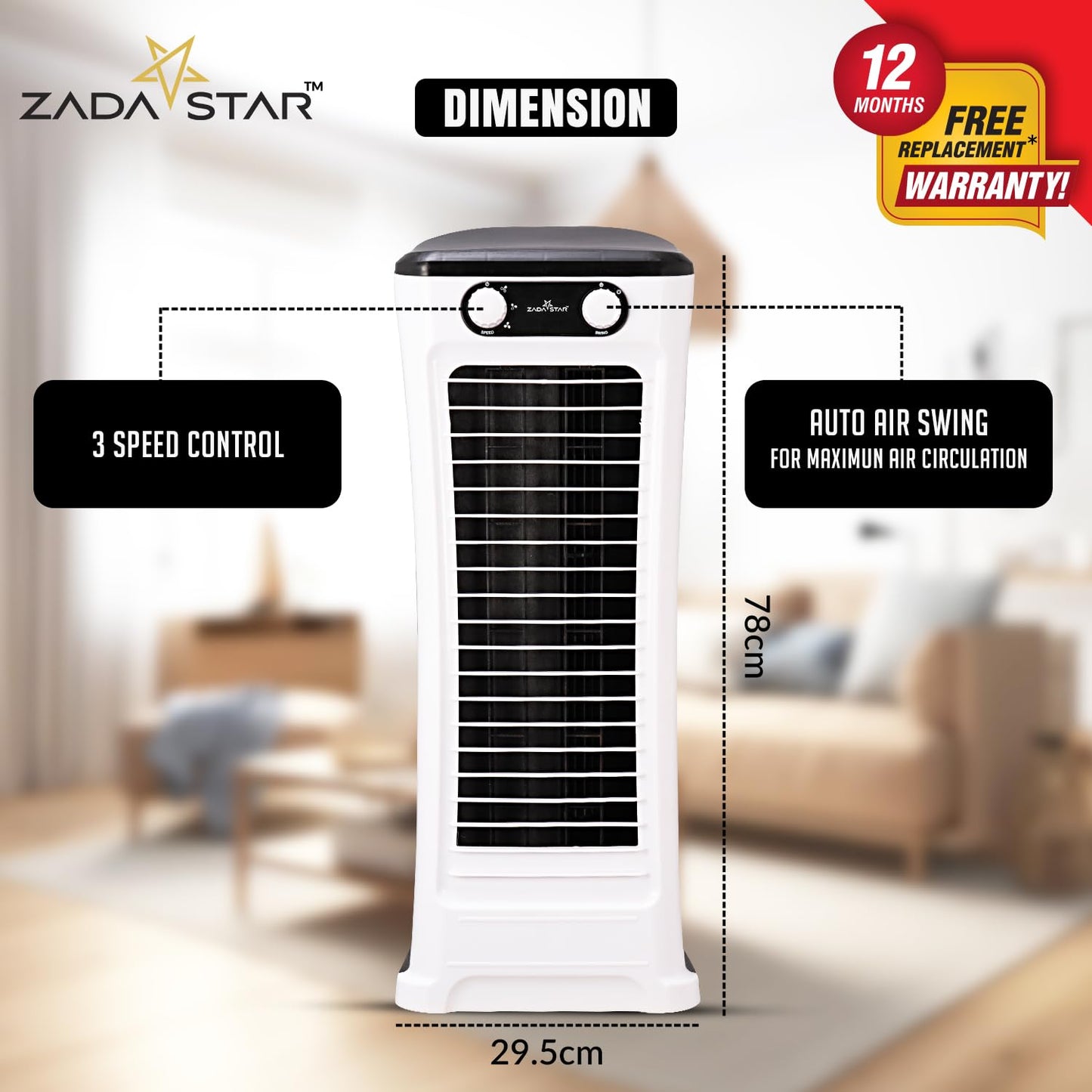 ZADASTAR ZS BREEZY TOWER FAN | 25 FEET AIR THROW | CHILD SAFE TOWER FAN