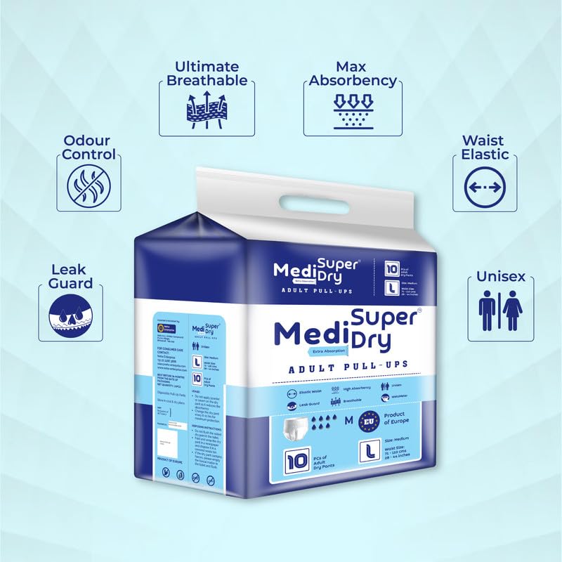 Medisuperdry Adult Diaper Pants | Large (L) |Waist 101-152 cm (40-60 inches) |High Absorbency -10 Hrs |Rash-Free |Leakproof |Breathable |Odourless |Elastic Waist |For Men & Women | 20 Units, Pack of 2