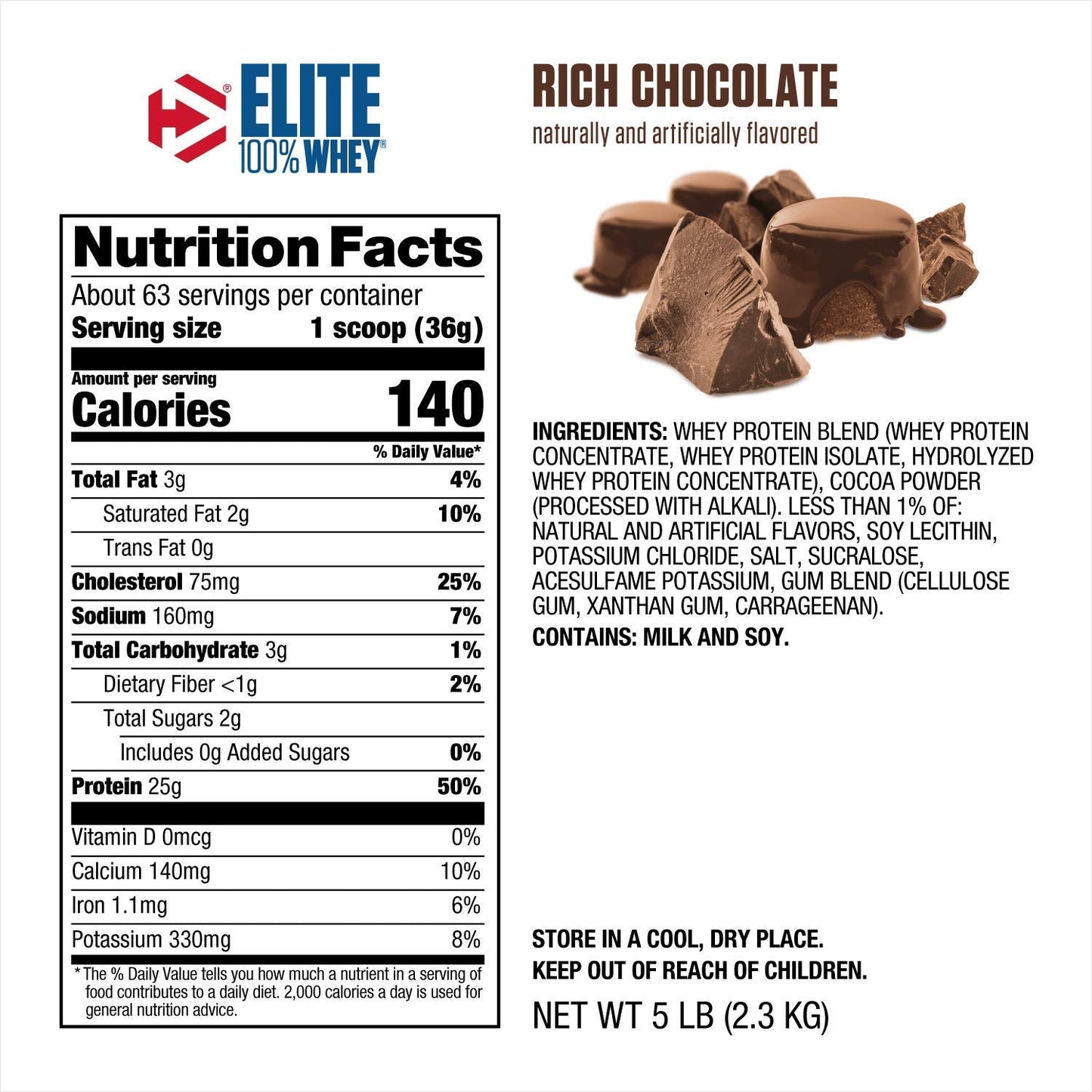 Dymatize Nutrition Elite Whey Protein Supplement Powder, Pre and Post Workout Protein Powder (5 lbs, 2.26 kg, Rich Chocolate)