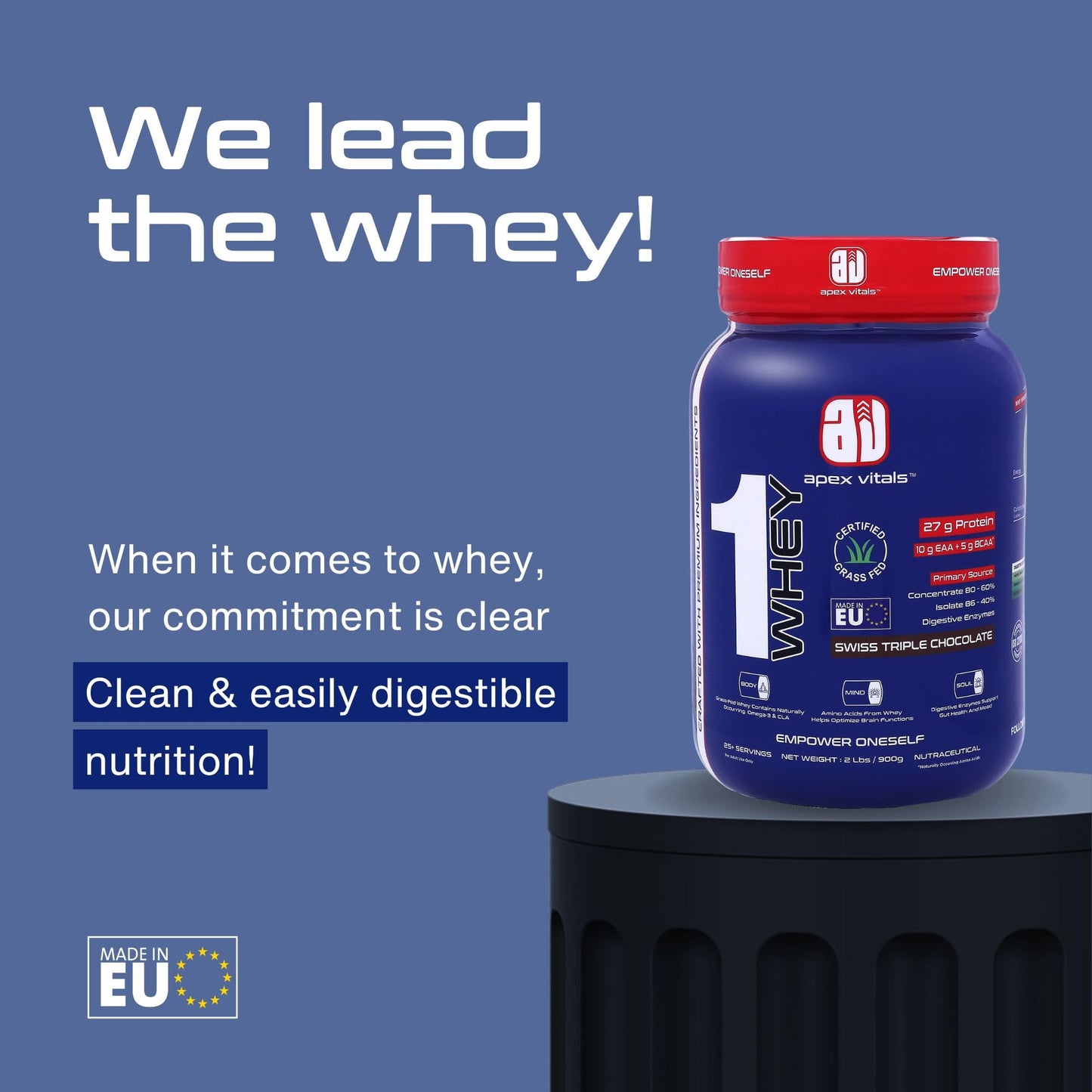 Apex Vitals 1 Whey|Grass-Fed Whey|Made In Europe|FDA,EFSA & FSSAI Certified|27g Protein, 10g EAA+ 5g BCAA|Concentrate 80-60%,Isolate 86-40%,Digestive Enzymes|2lbs (900g)-25+ Ser-Swiss Triple Chocolate