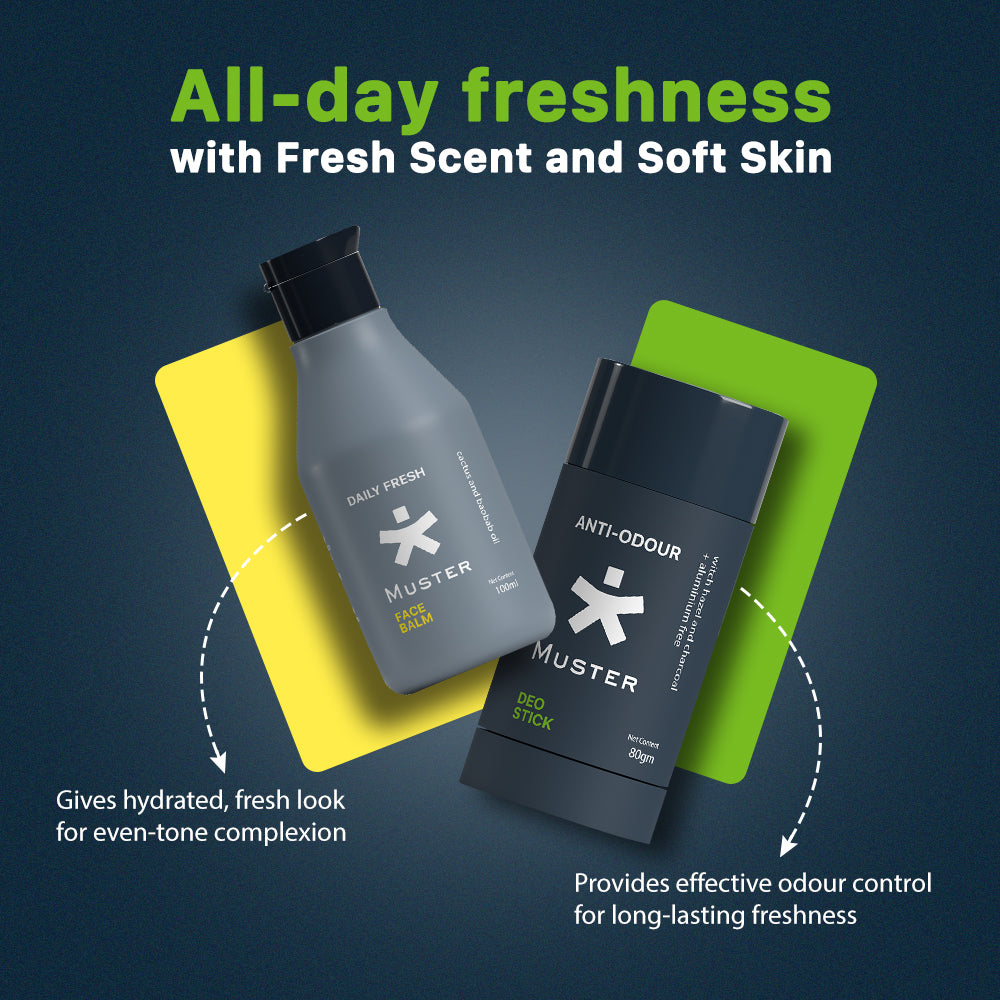 Muster Men Combo - Deo Stick & Face Balm | Aluminum-Free Deo Stick | Anti-Odour Formula | All-Day Freshness | Daily Fresh Face Balm | Post-Shave Care | Soothes Irritation | Gift Hamper for Men