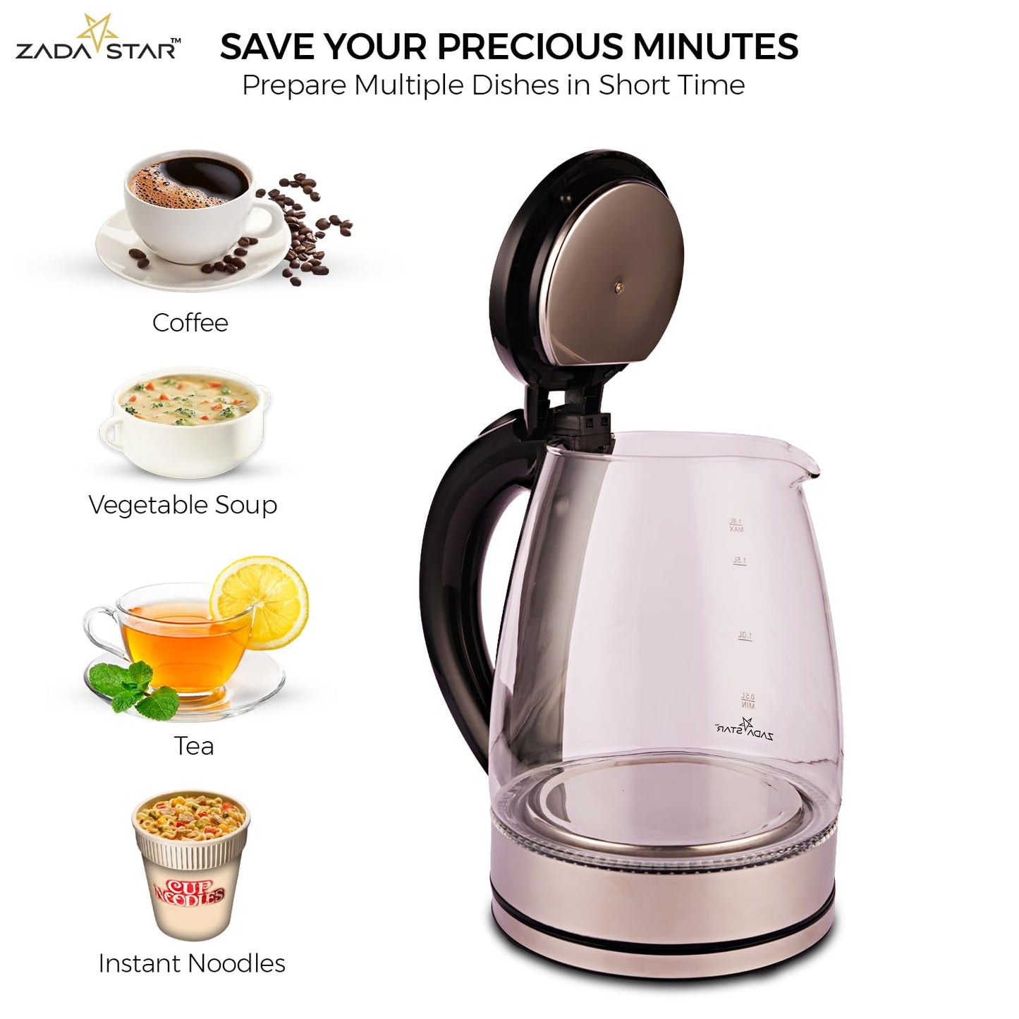 ZADASTAR 1.8L ZS GLASS KETTLE | 1500W | Borosilicate Glass | 1 Year Free Replacement Warranty
