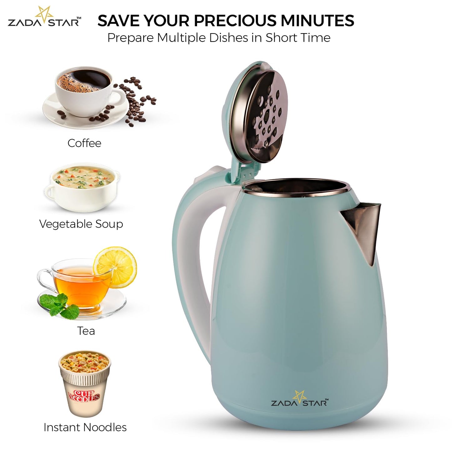 ZADASTAR 1.8L ZS COLOUR COOLTOUCH KETTLE | 1500W | Cool Touch Outer Body | Stainless Steel Inner Body | 1 Year Free Replacement Warranty (Aqua Green)