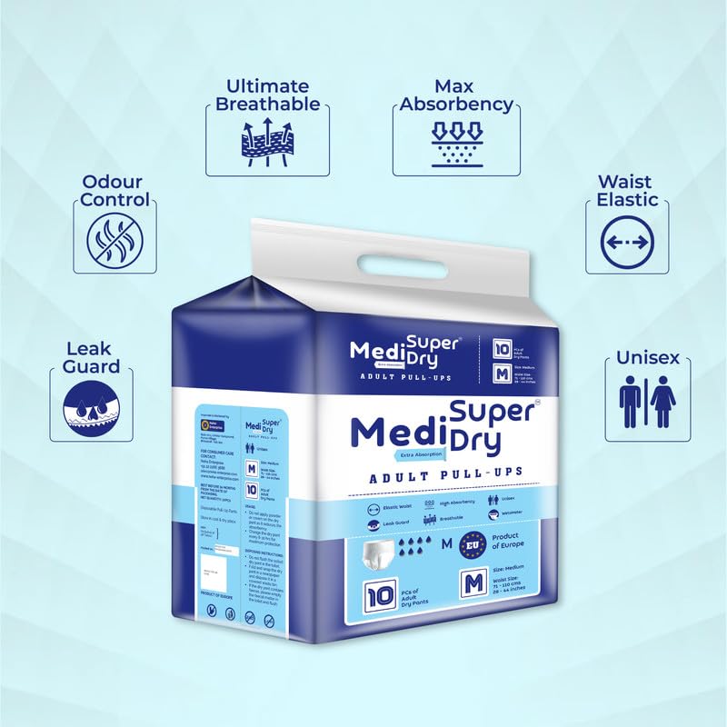 Medisuperdry Adult Diaper Pants | Medium (M) |Waist 71-110 cm (28-44 inches) |High Absorbency -10 Hrs |Rash-Free |Leakproof |Breathable |Odourless |Elastic Waist |For Men & Women | 20 Units, Pack of 2