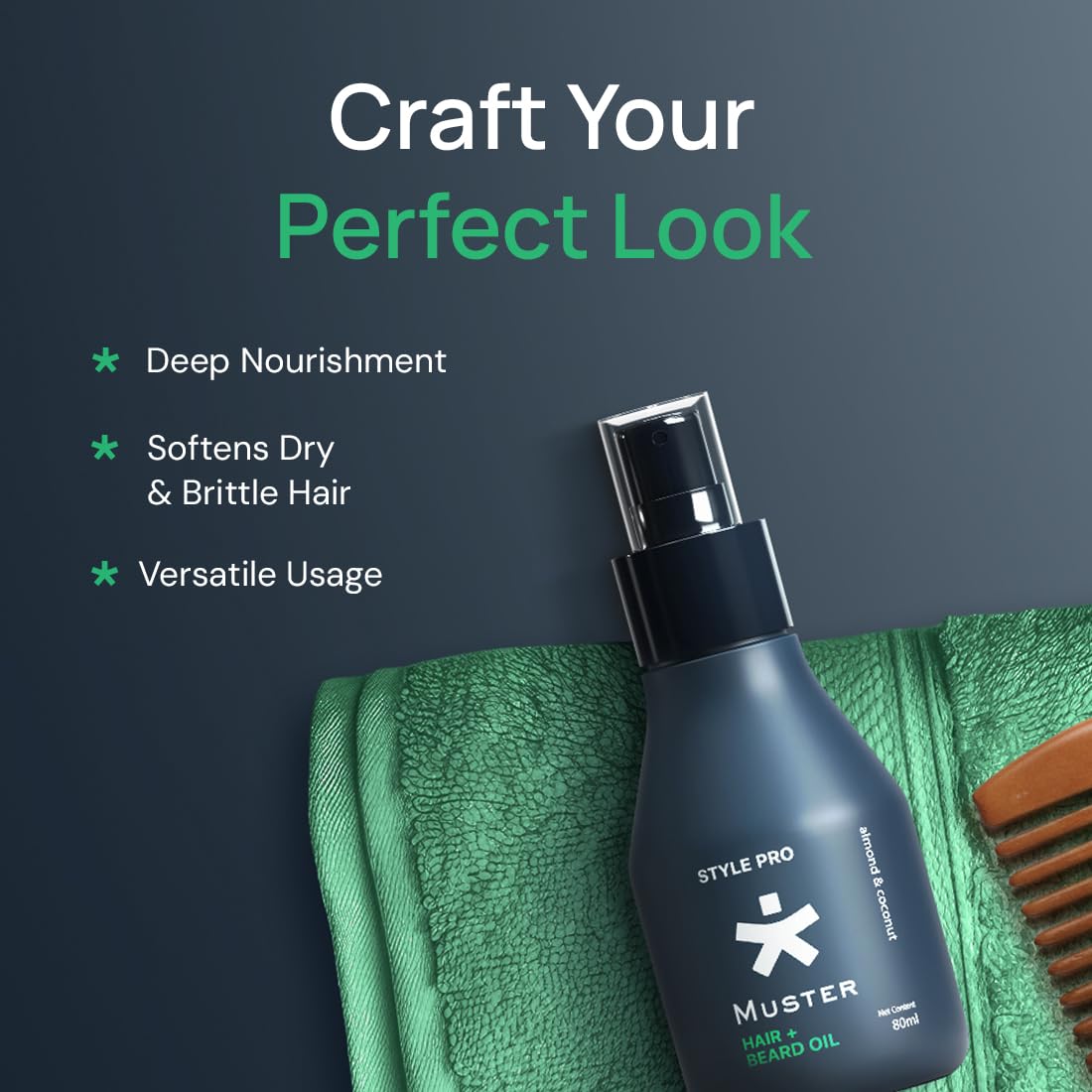 Muster Style Pro Hair & Beard Oil | 80 ML | Non-Greasy Formula | Styling Hair & Beard Spray | Almond & Coconut Oil | Deep Moisturization | Scalp & Skin Care (Pack of 2)