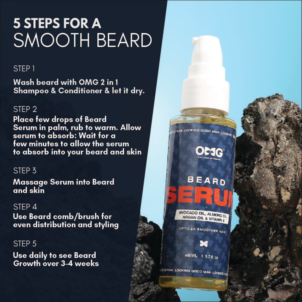 OMG Buy 1 Get 1 Beard Serum 50ml +50ml | Upto 2x Smoother Hair | Enriched with Vitamin E | for Hair Growth | Reduces Dandruff | 100% Natural Ingredients