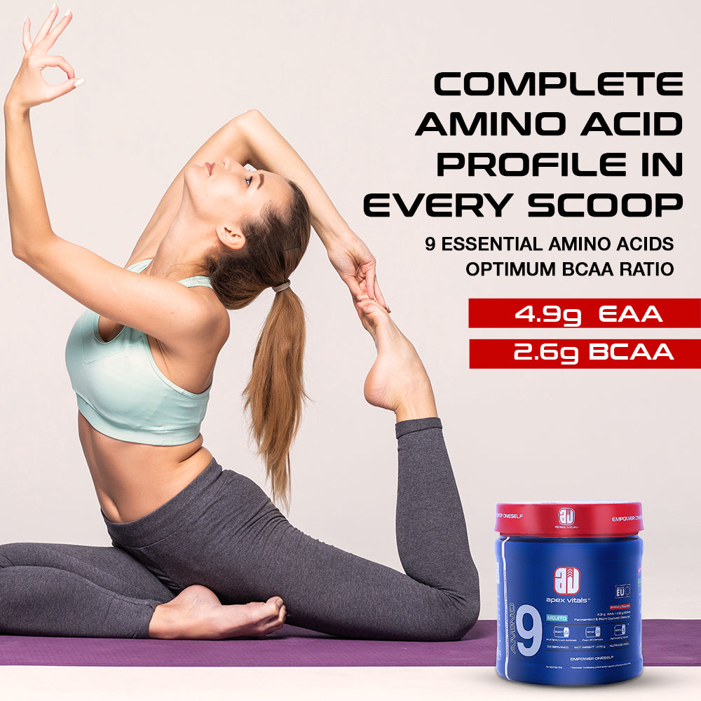 Apex Vitals Amino 9 | All 9 essential amino acids | Pre/Intra Workout Supplement | 4.9g EAA+2.6g BCAA | Natural & Fermented Plant Derived | 225g - 30 servings | Mojito