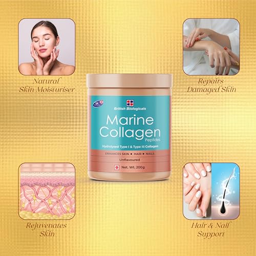 Marine Collagen Supplements for Women & Men, 200g | Supports Glowing Skin | Naturl Moisturiser | Supports healthy Nails, Hair & Skin | - Supports Damaged Skin | 200g | Unflavoured - British Biologicals