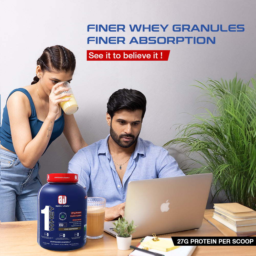 Apex Vitals 1 Whey - Grass-Fed Whey | 27g Protein, 10g EAA + 5g BCAA | Concentrate 80-60%, Isolate 86-40%, Digestive Enzymes | FDA, EFSA & FSSAI Certified|Iced Espresso - 4lbs