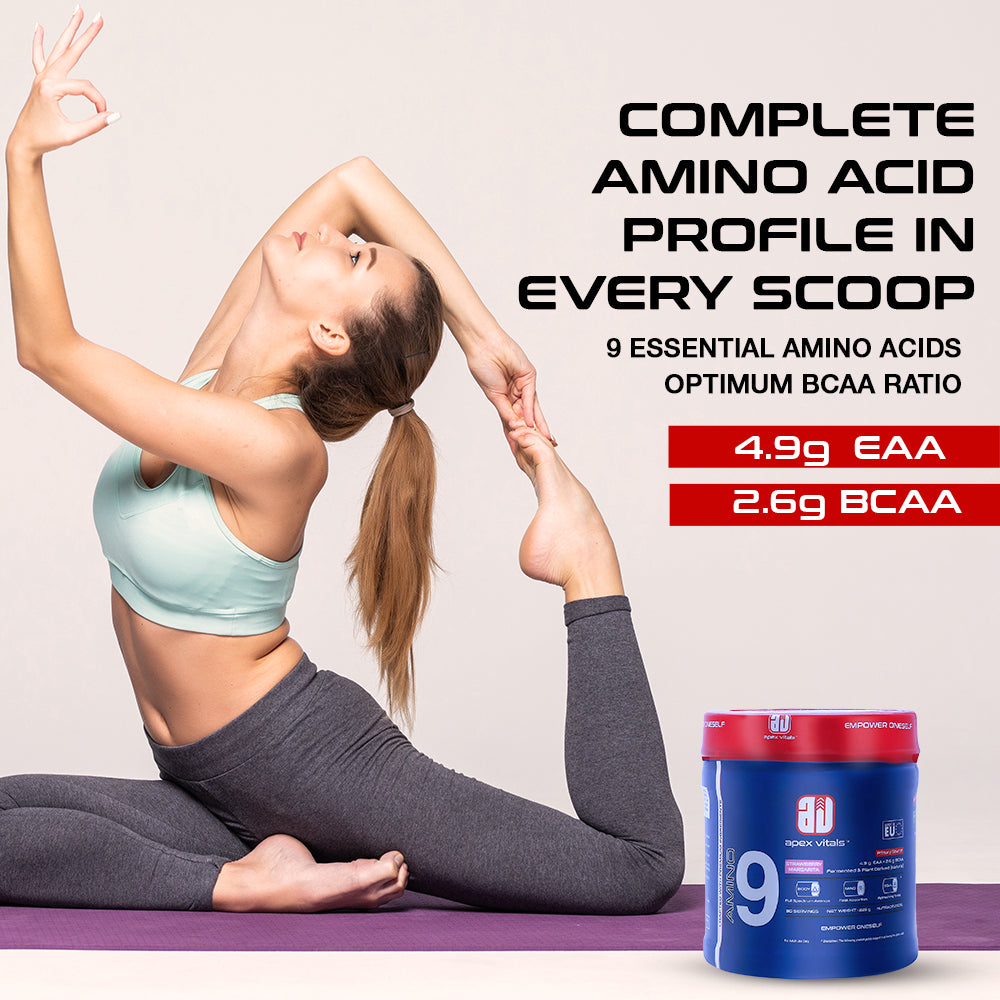 Apex Vitals Amino 9 | All 9 essential amino acids | Pre/Intra Workout Supplement | 4.9g EAA+2.6g BCAA | Natural & Fermented Plant Derived | 225g - 30 servings | Strawberry Margarita