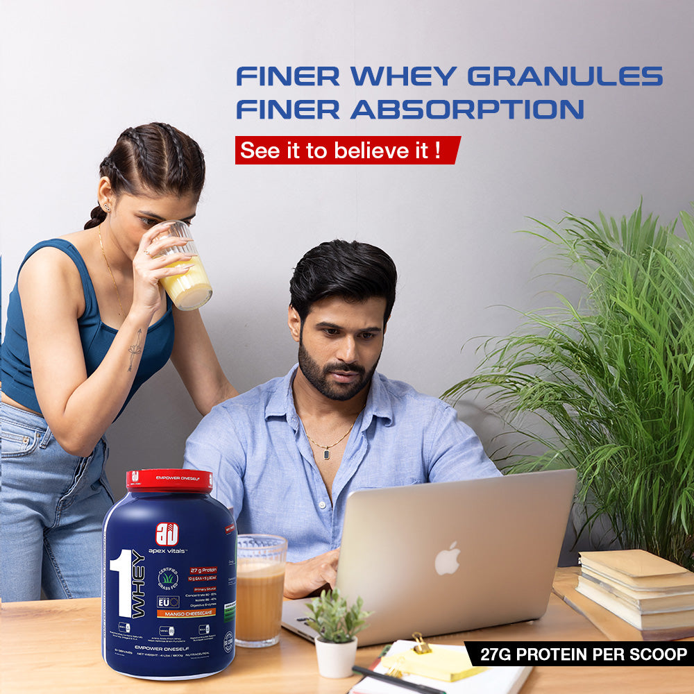 Apex Vitals 1 Whey - Grass-Fed Whey | 27g Protein, 10g EAA + 5g BCAA | Concentrate 80-60%, Isolate 86-40%, Digestive Enzymes | FDA, EFSA & FSSAI Certified|Mango Cheesecake - 4lbs