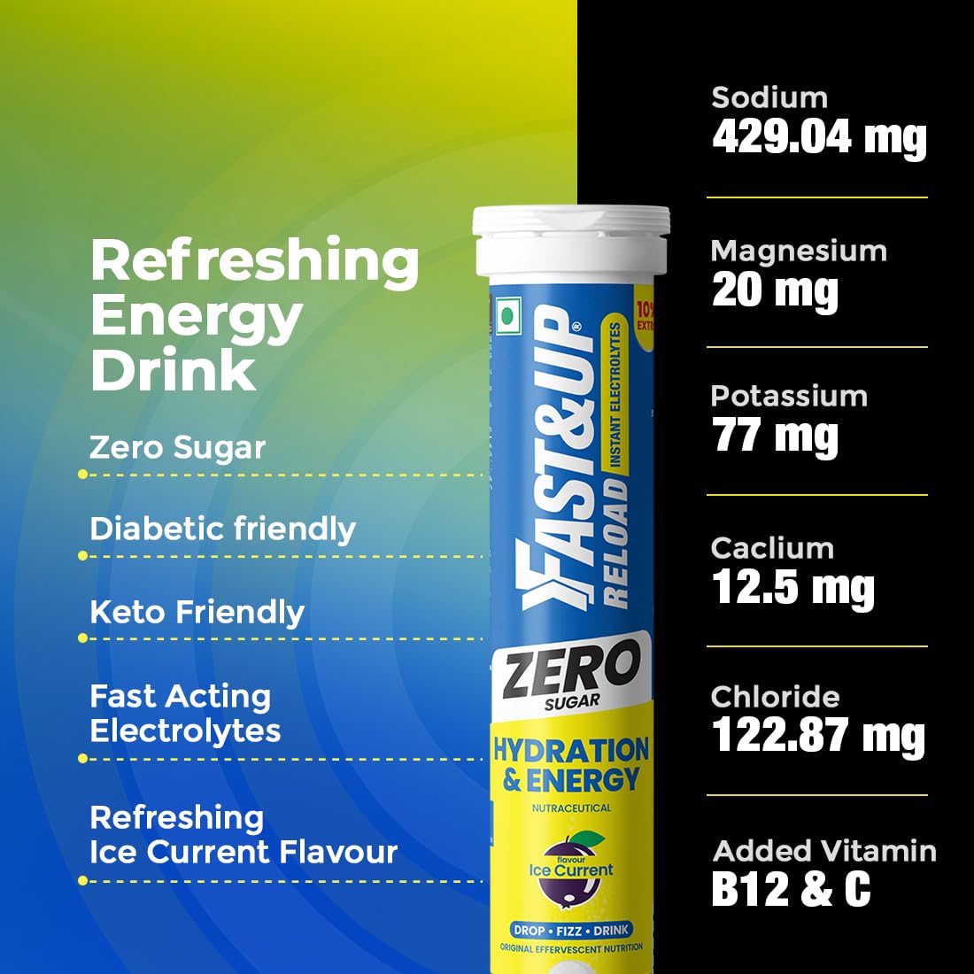 Reload Zero - Zero Sugar Instant Energy & Hydration Drink - Ice Current Flavour - 20 Effervescent Tablets