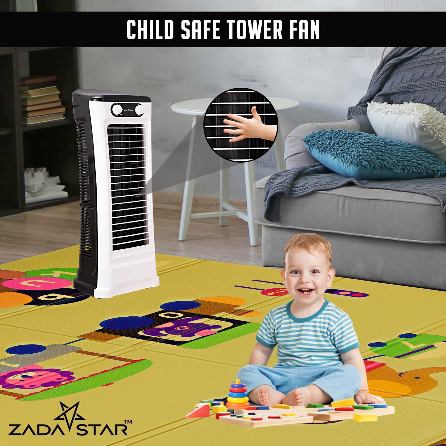 ZADASTAR ZS BREEZY TOWER FAN | 25 FEET AIR THROW | CHILD SAFE TOWER FAN