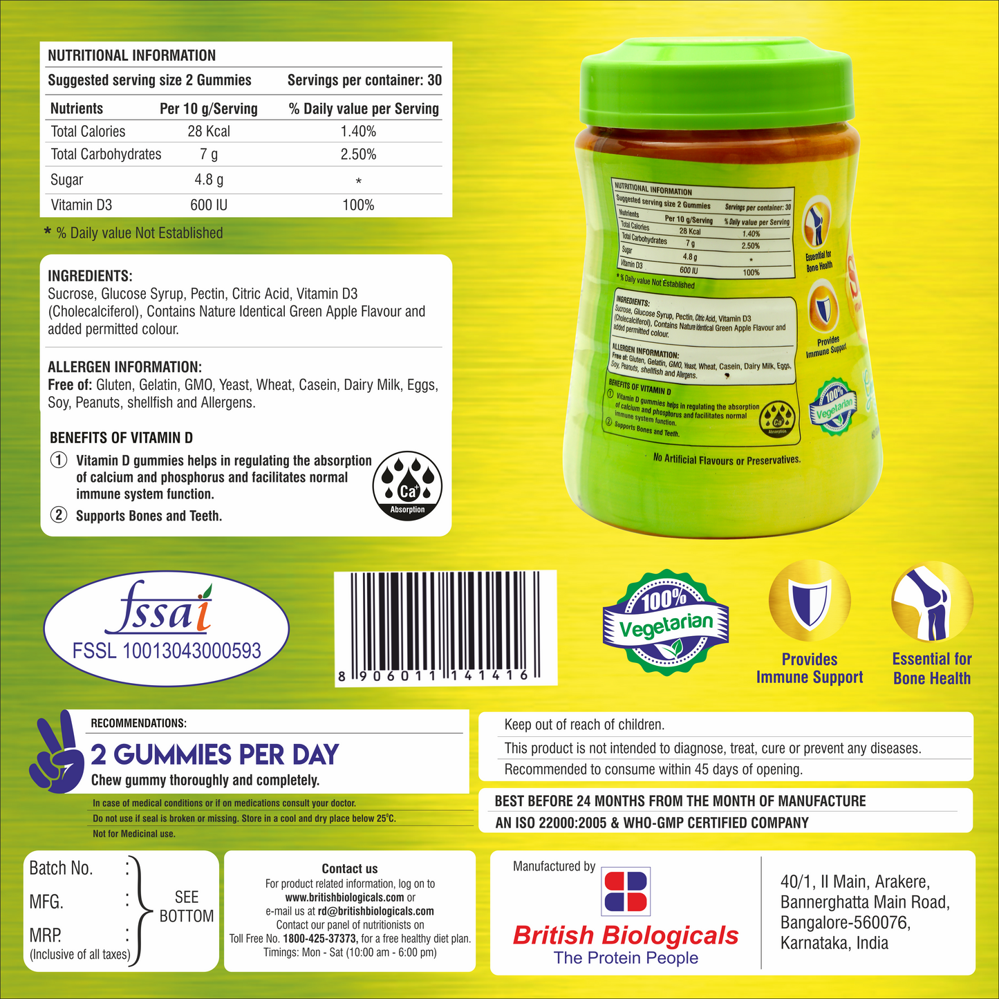 Sirus Vitamin D3-60 Gummies for Women & Men - Supports Immunity, Bones, Teeth, Brain and Nervous System - Gluten Free - Green Apple Flavor - British Biologicals