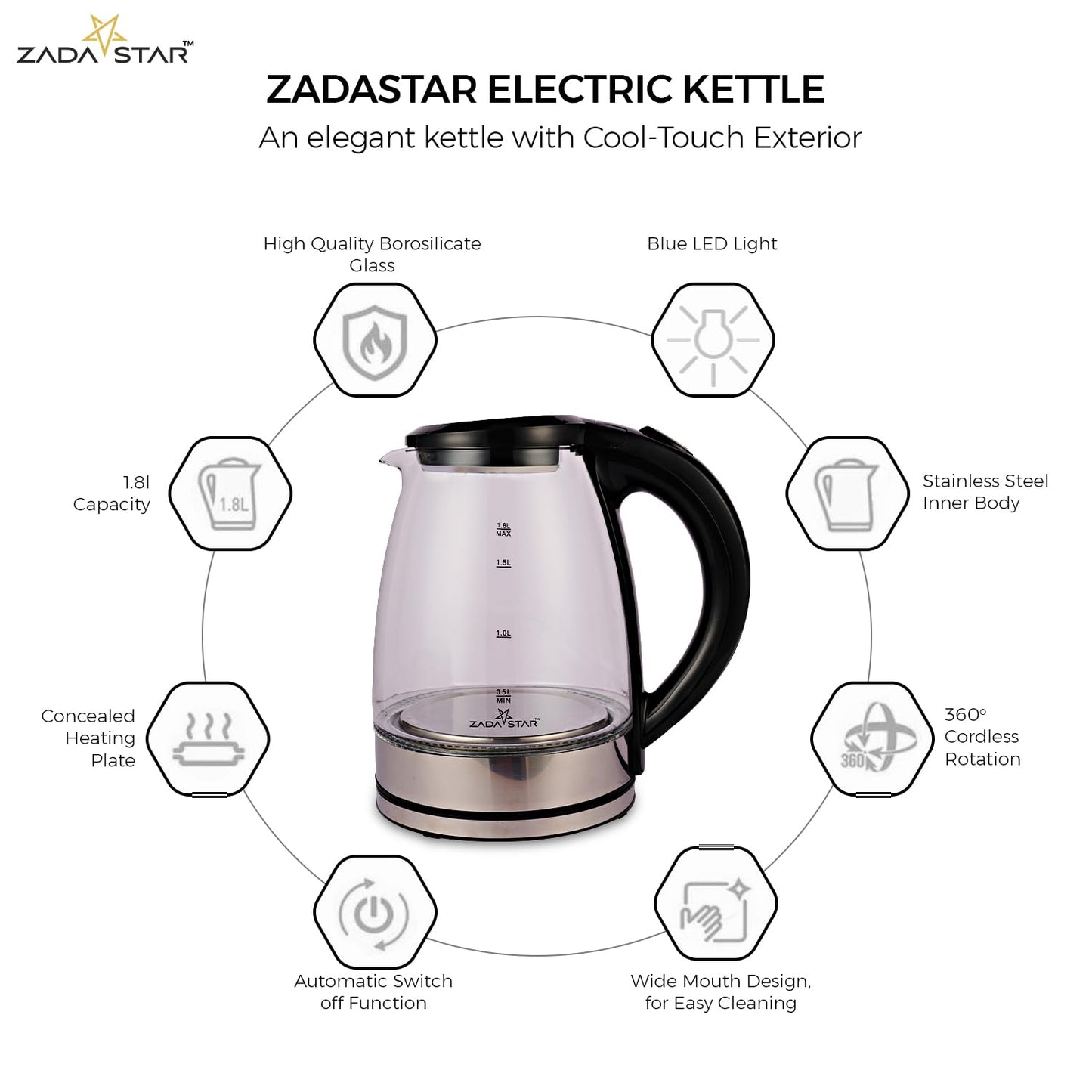 ZADASTAR 1.8L ZS GLASS KETTLE | 1500W | Borosilicate Glass | 1 Year Free Replacement Warranty