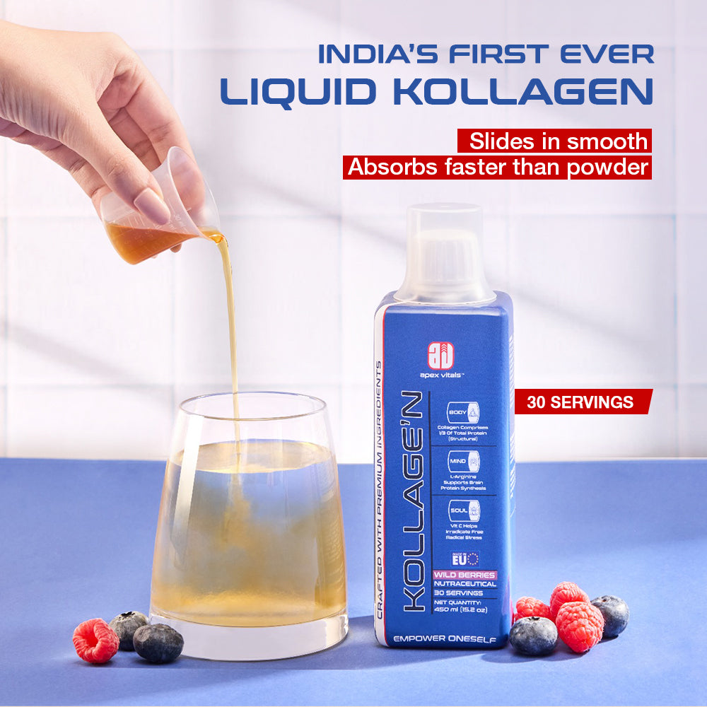 Apex Vitals KOLLAGEN Collagen Liquid - 30 ser | Made in Europe | FDA,EFSA,FSSAI Certified | India's First Liquid Collagen | Type 1 & 3,Mohai Agnes Spring Water, Hyaluronic acid,Biotin & Vit C | 30 Ser-Wild Berries