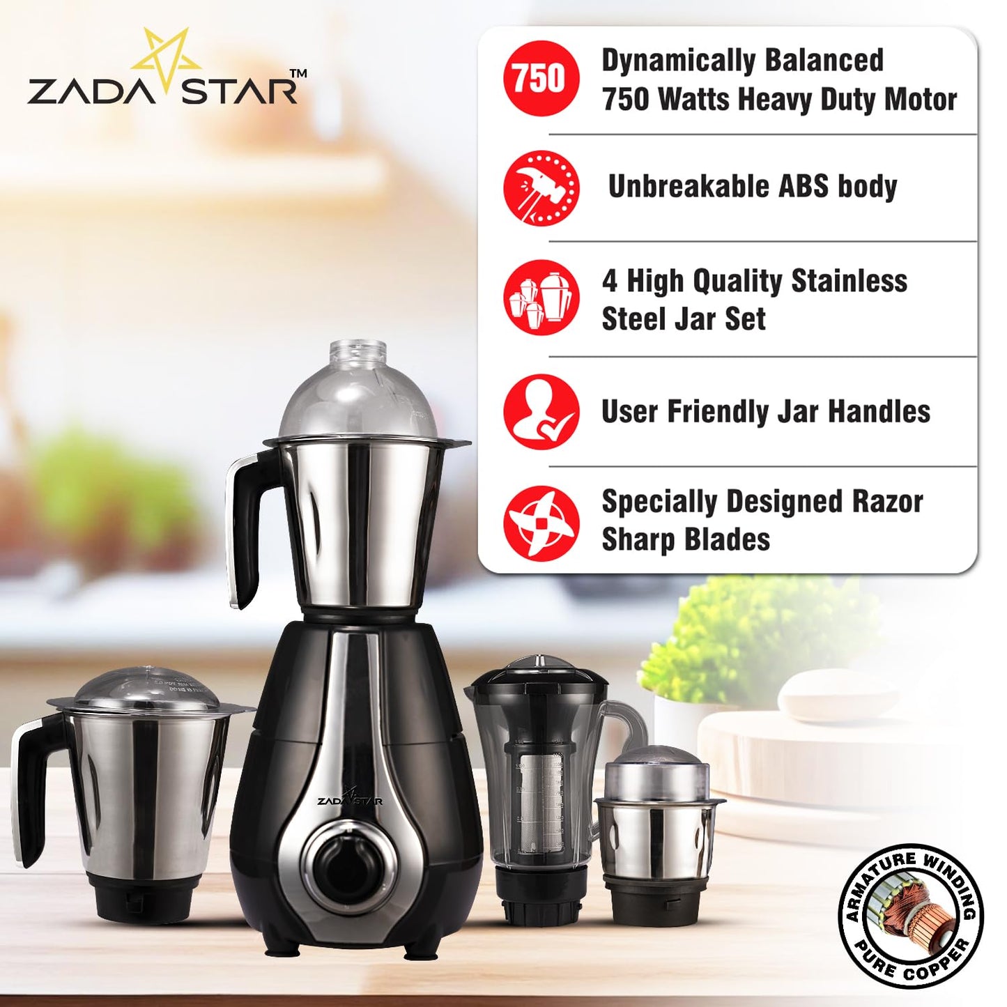 ZADASTAR ZS EXOTIC 750W Juicer Mixer Grinder | 4 Jars | Black and Silver | Overload Protection | 1 Year Replacement Warranty