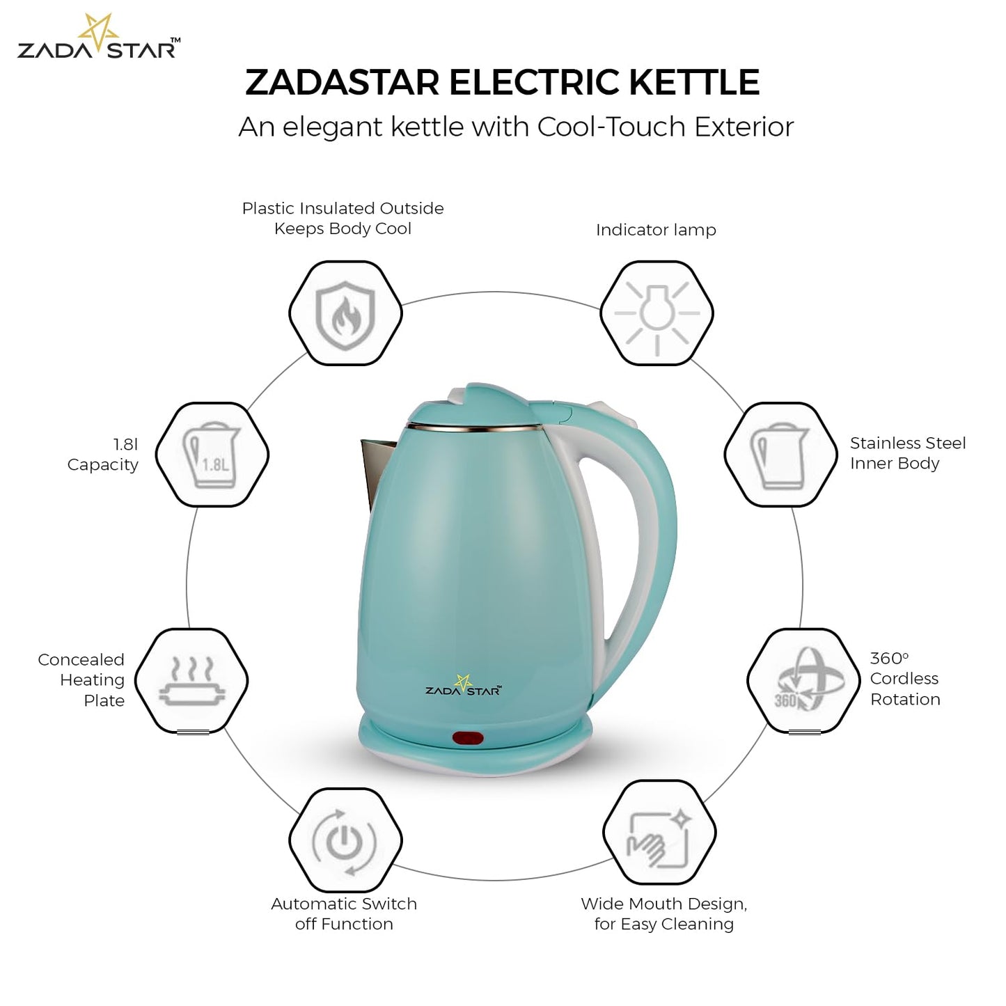 ZADASTAR 1.8L ZS COLOUR COOLTOUCH KETTLE | 1500W | Cool Touch Outer Body | Stainless Steel Inner Body | 1 Year Free Replacement Warranty (Aqua Green)