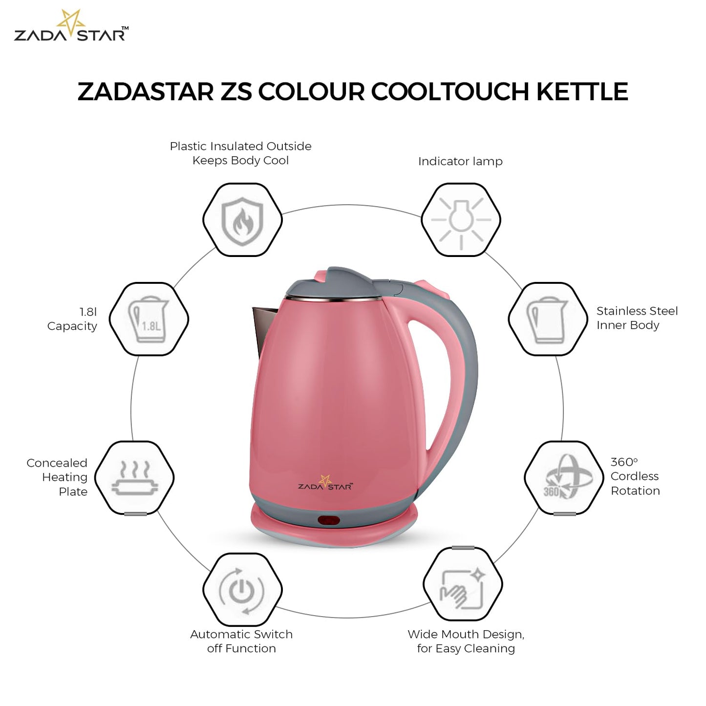 ZADASTAR 1.8L ZS COLOUR COOLTOUCH KETTLE | 1500W | Cool Touch Outer Body | Stainless Steel Inner Body | 1 Year Free Replacement Warranty (Pink)