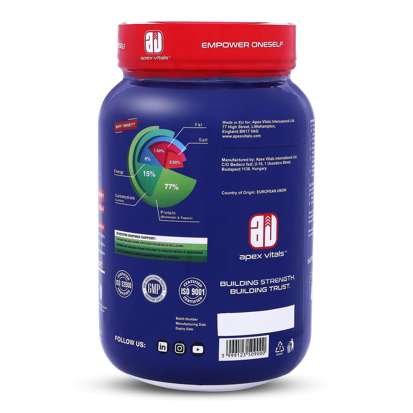 Apex Vitals 1 Whey|Grass-Fed Whey|Made In Europe|FDA,EFSA & FSSAI Certified|27g Protein, 10g EAA+ 5g BCAA|Concentrate 80-60%,Isolate 86-40%,Digestive Enzymes|2lbs (900g)-25+ Ser-Swiss Triple Chocolate