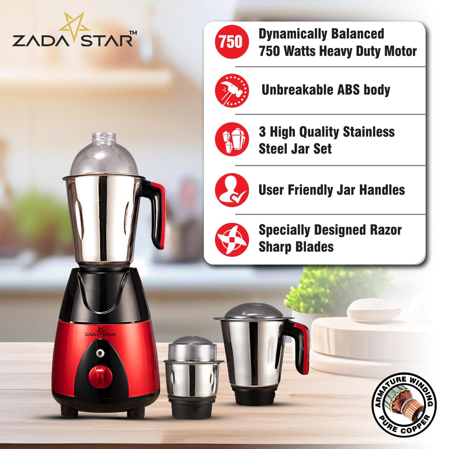 ZADASTAR ZS ELITE 750W Mixer Grinder | 3 Jars | Red and Black | Overload Protection | 1 Year Replacement Warranty