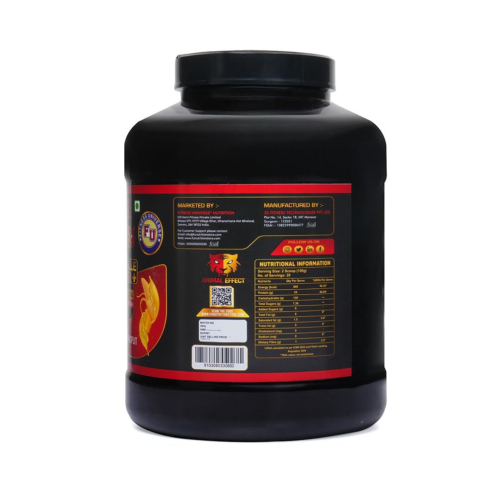 Fitness Universe Animal Effect Muscle Gainer | Chocolate | 3Kg | 20 Servings | 20g Protein | Whey Protein Concentrate & Creatine Monohydrate | For Lean Gains & Post Training Recovery
