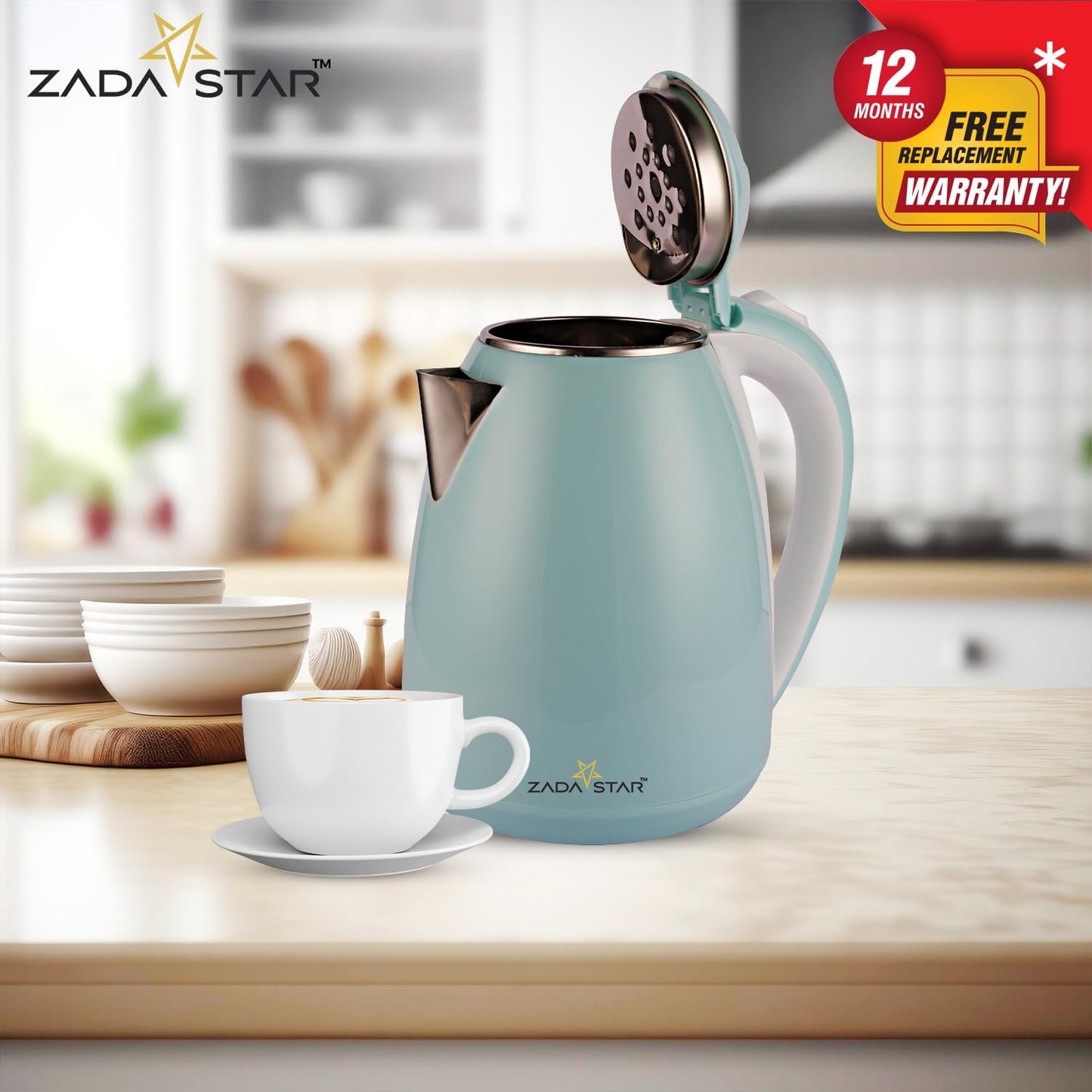 ZADASTAR 1.8L ZS COLOUR COOLTOUCH KETTLE | 1500W | Cool Touch Outer Body | Stainless Steel Inner Body | 1 Year Free Replacement Warranty (Aqua Green)