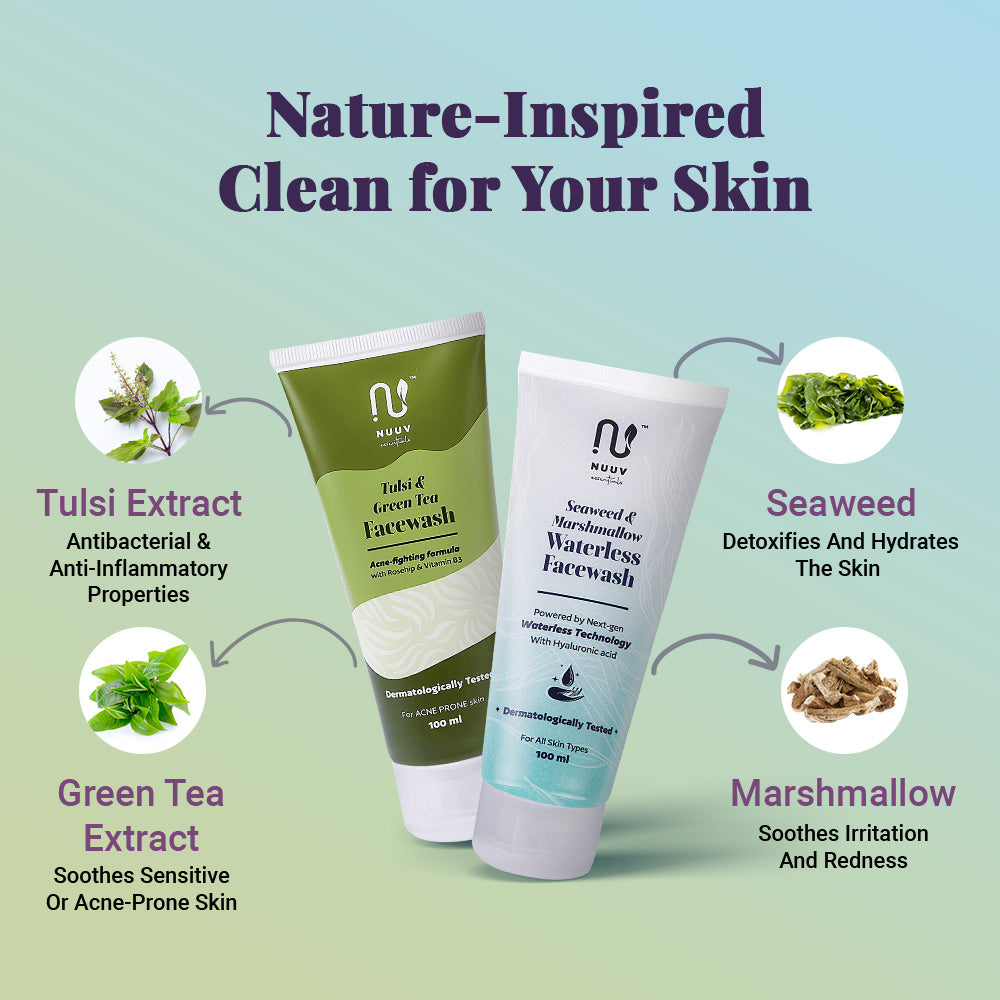 Nuuv Essential Combo - Tulsi & Green Tea Facewash & Waterless Facewash | Daily Glow Duo | Vegan | Paraben-Free | Glow and Hydration | For All Skin Types | 100ml + 100ml